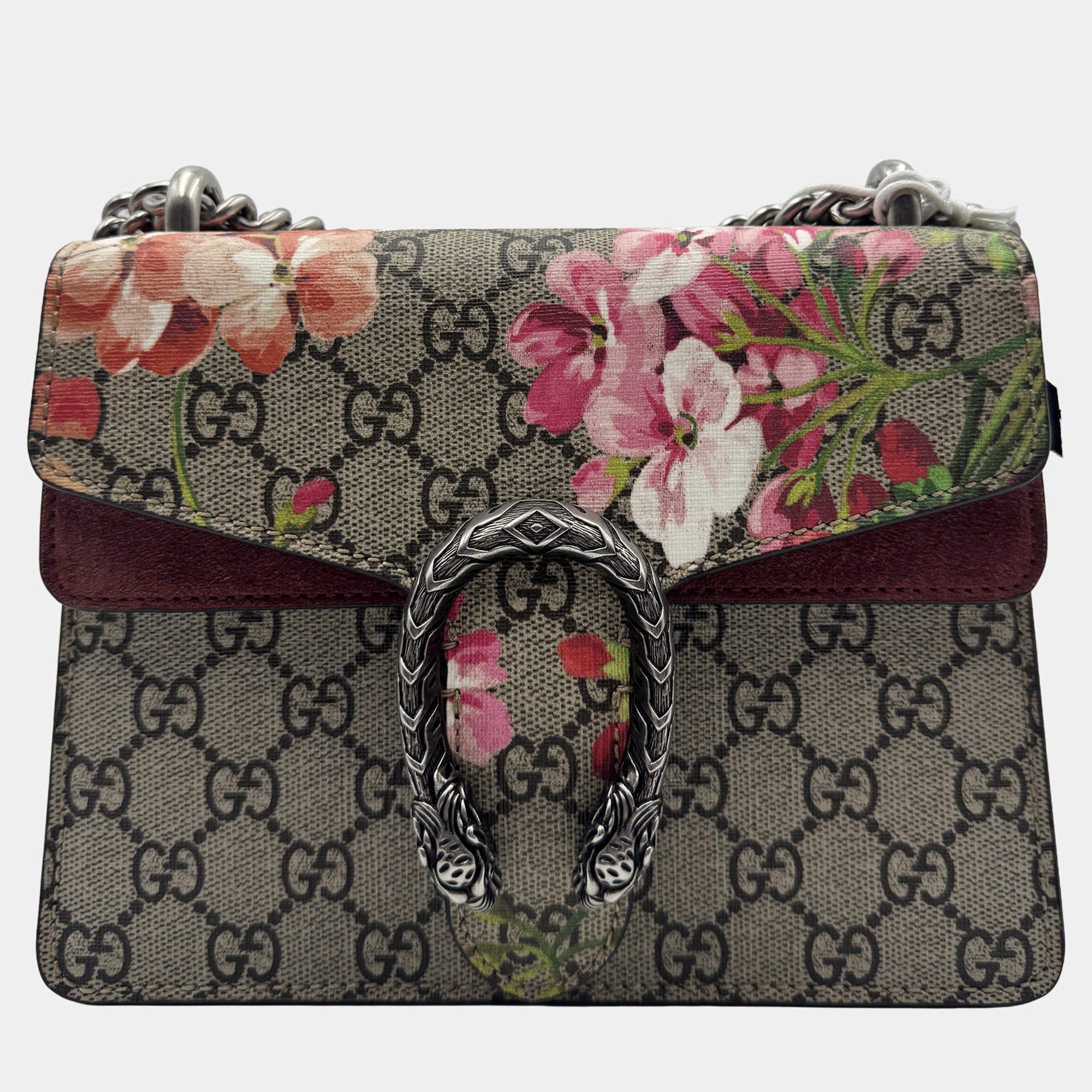 Pre Owned Gucci Beige/Maroon GG Supreme Blooms Canvas and Suede Mini Dionysus Shoulder Bag