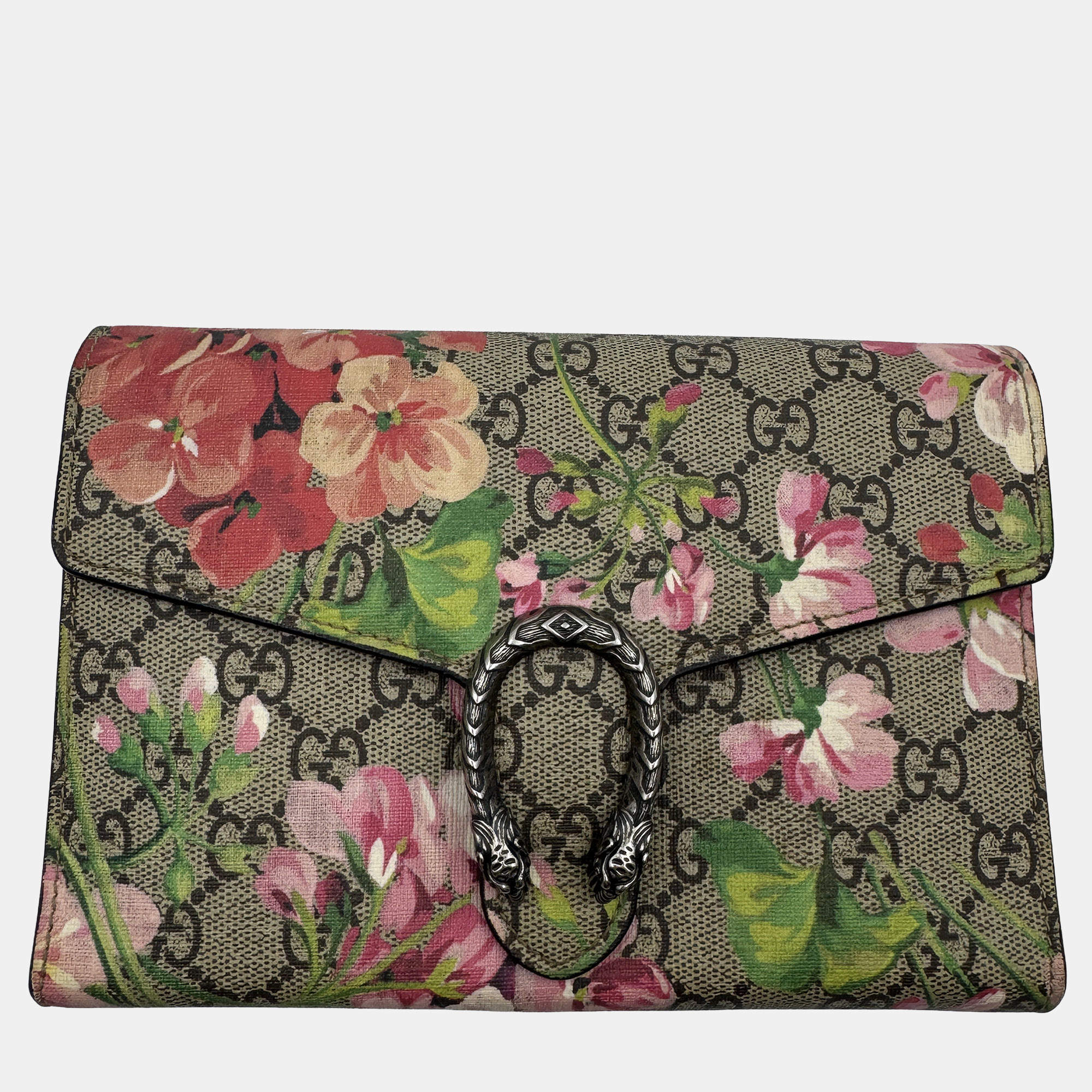 Pre Owned Gucci Blue/Beige GG Blooms Supreme Canvas and Leather Dionysus Wallet On Chain