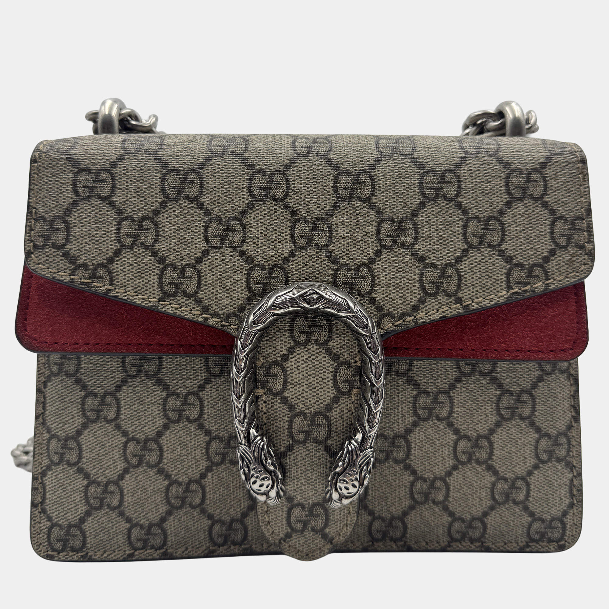 Pre Owned Gucci Beige/Red GG Supreme Canvas and Suede Mini Dionysus Shoulder Bag