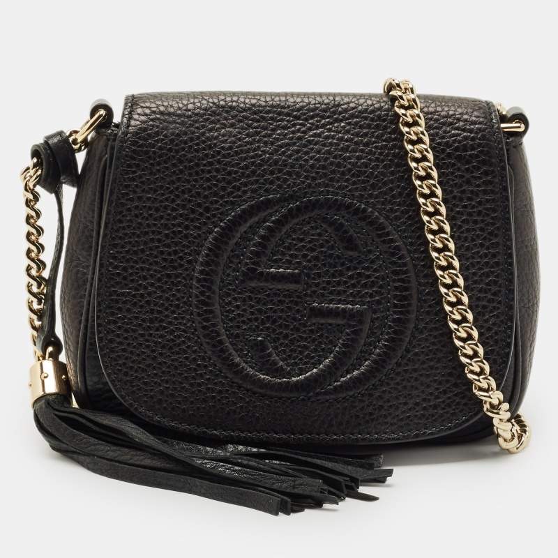 Pre Owned Gucci Black Leather Soho Flap Chain Crossbody Bag