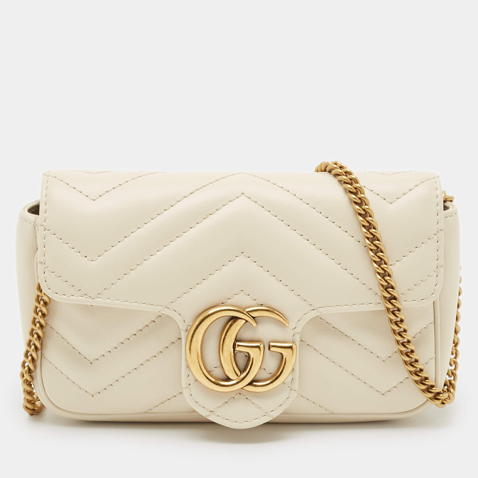 Pre Owned Gucci Off White Matelassé Leather Super Mini GG Marmont Shoulder Bag