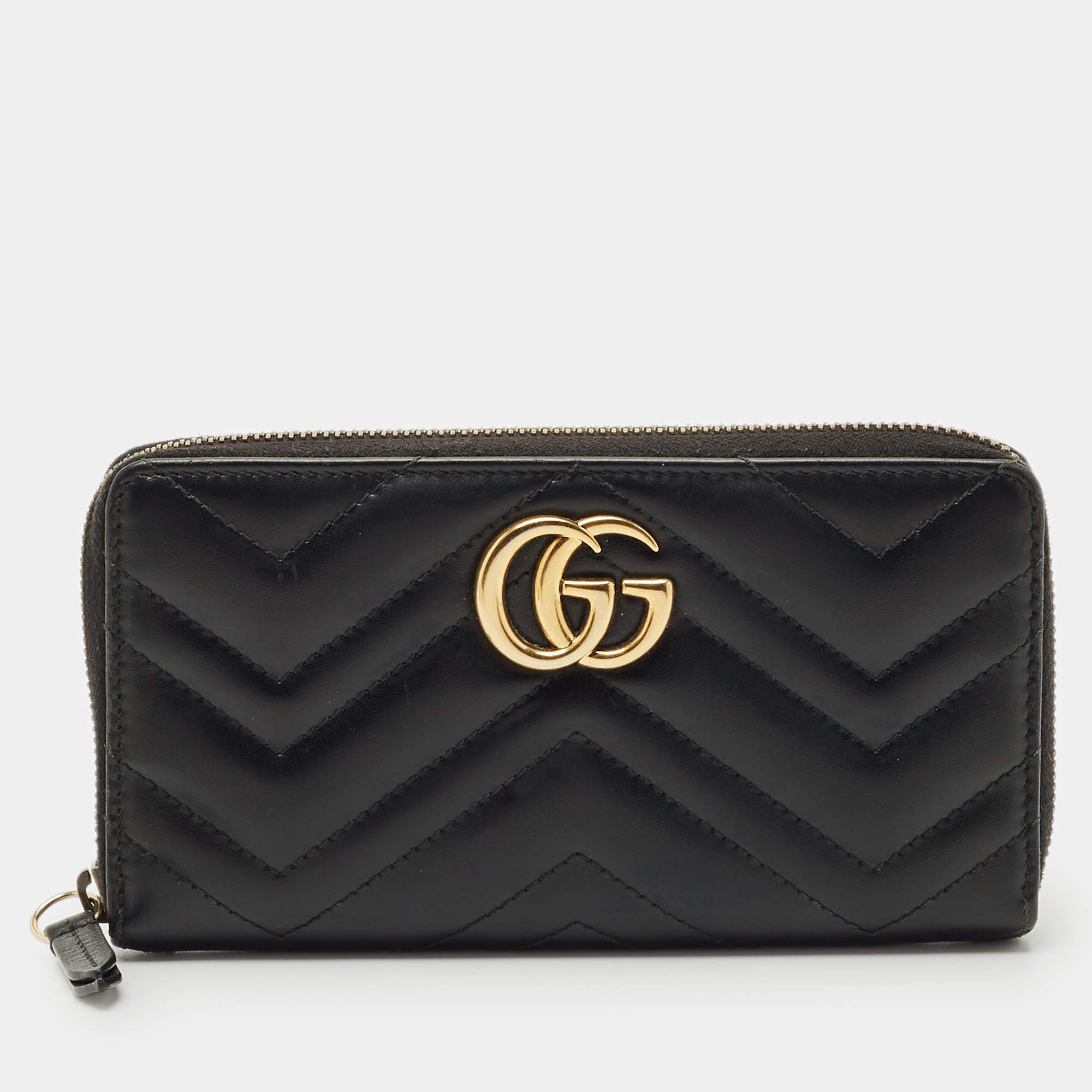 Pre Owned Gucci Black Matelassé Leather GG Marmont Zip Around Wallet