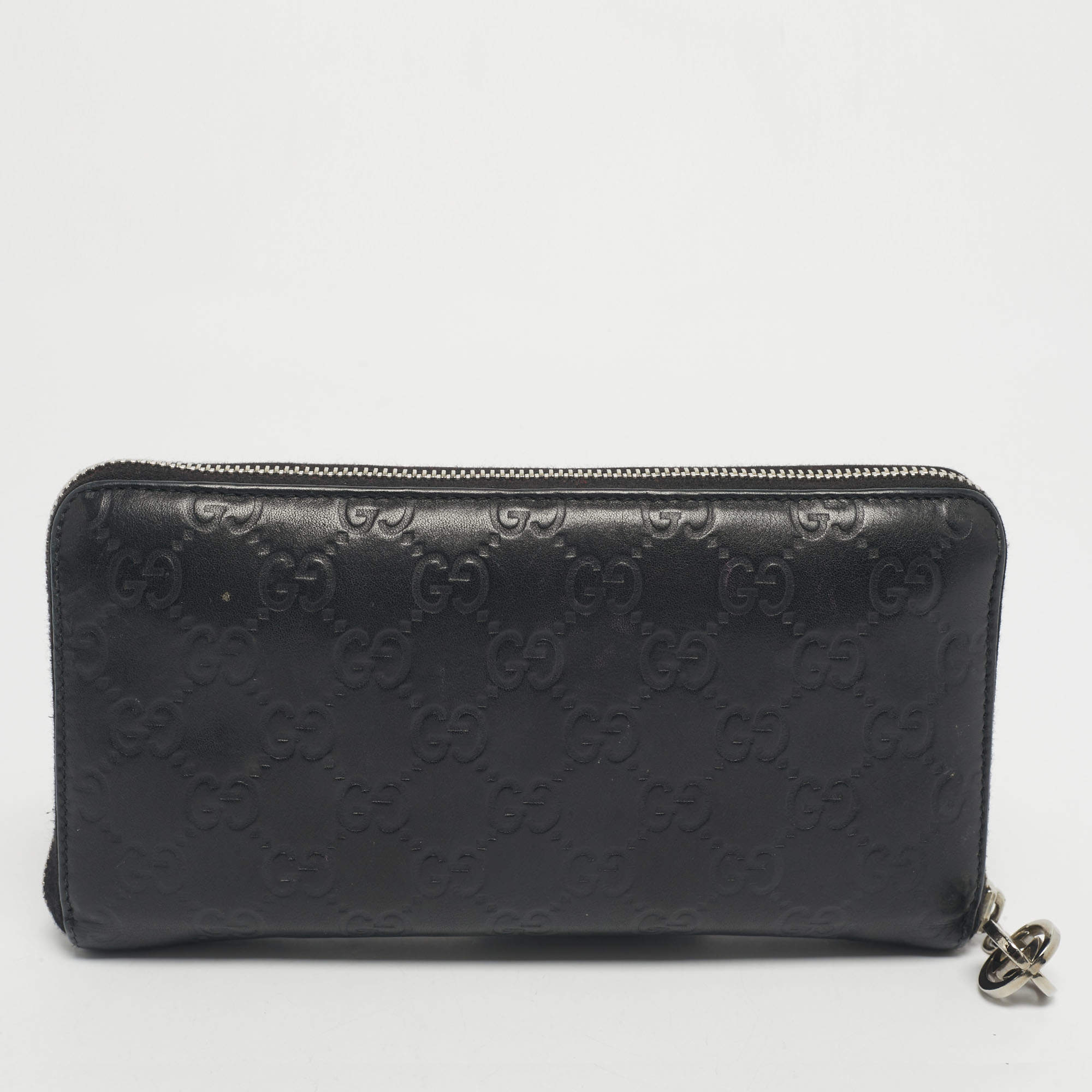 Pre Owned Gucci Black Guccissima Leather GG Twins Zip Around Wallet