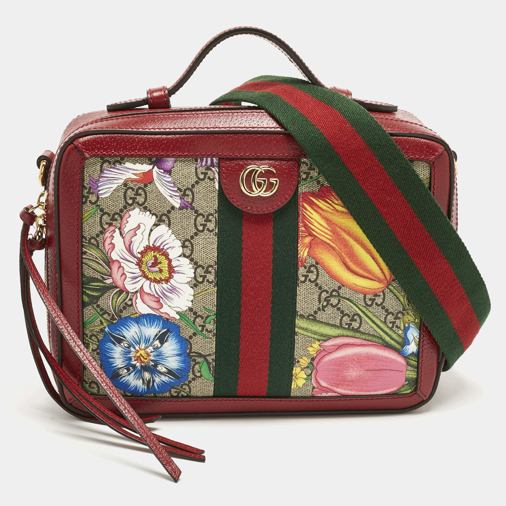 Pre Owned Gucci Red GG Supreme Canvas and Leather Floral Ophidia Square Bag