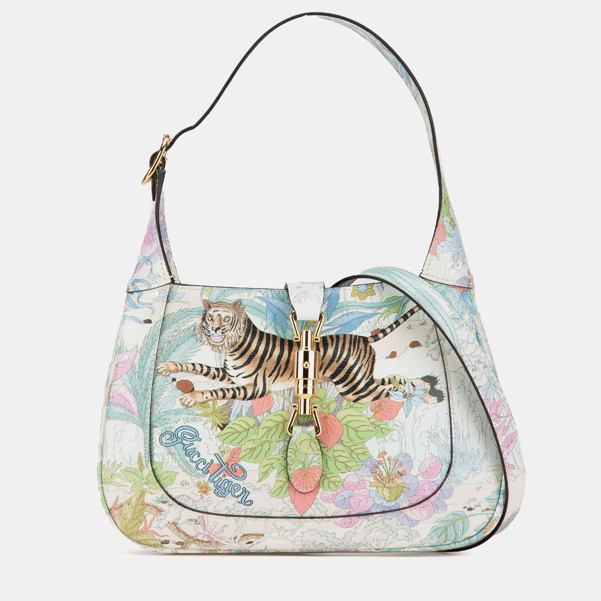 Pre Owned Gucci White Yuko Higuchi Small Calfskin  Floral Print Jackie 1961