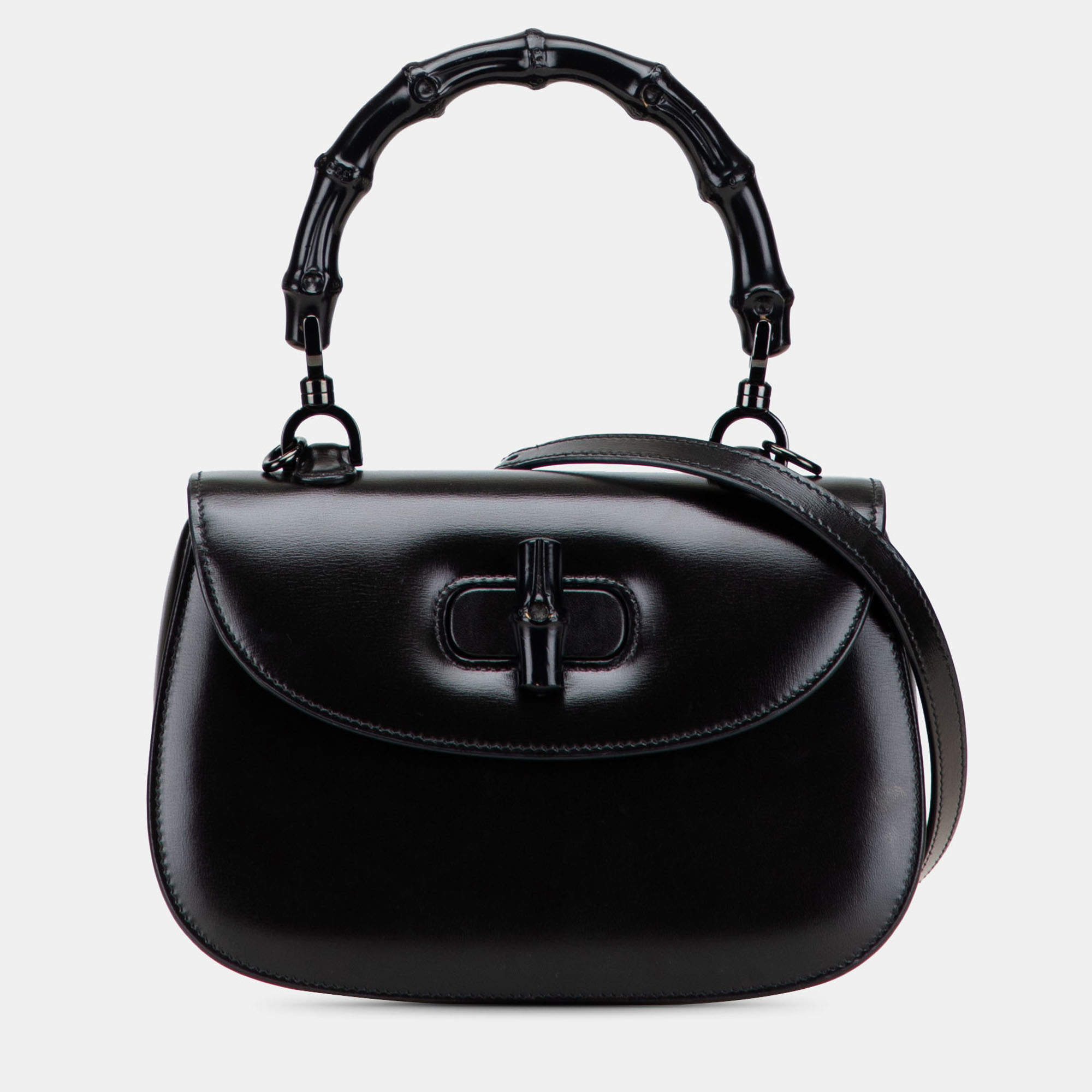 Pre Owned Gucci Black Small Calfskin 1947 Bamboo Top Handle Bag