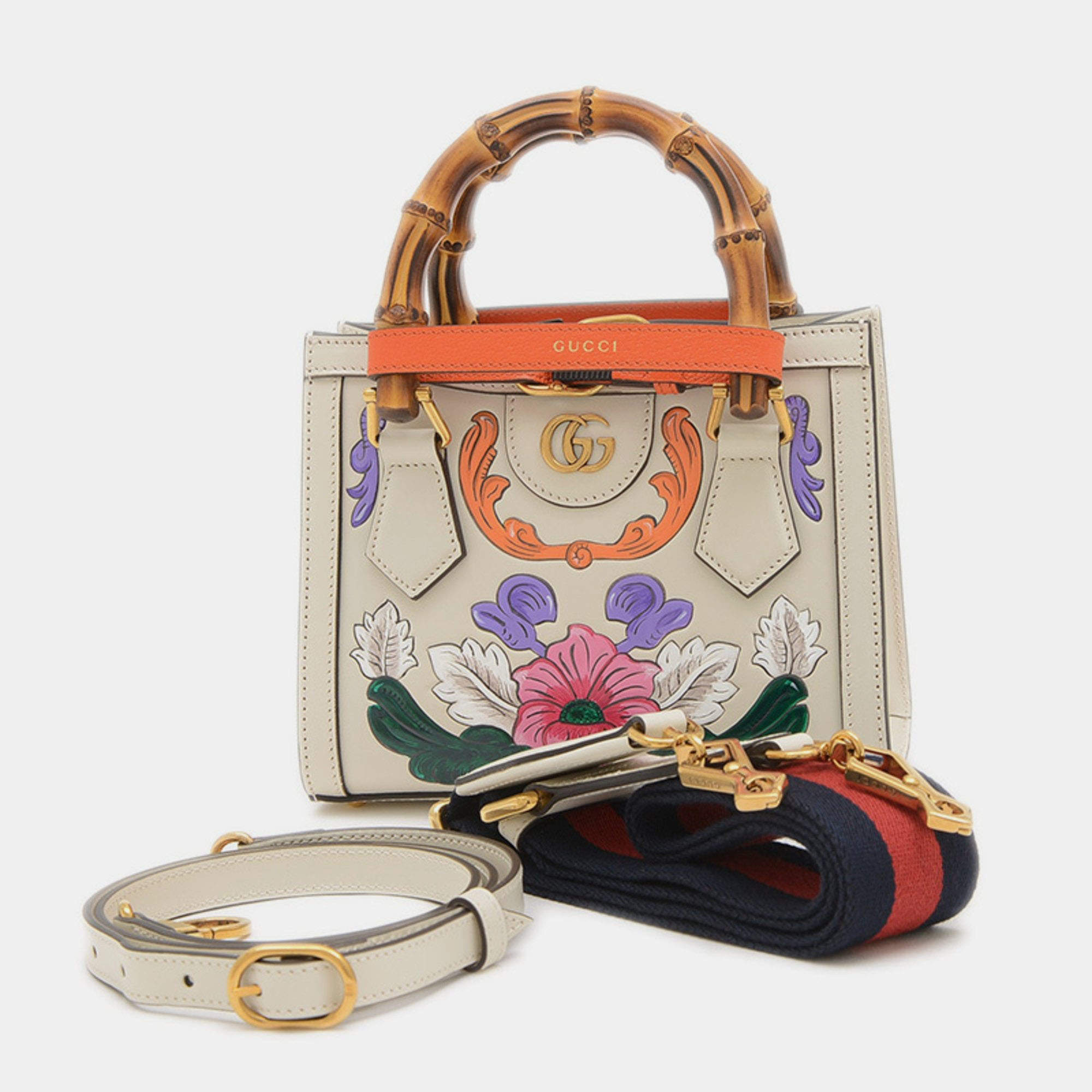 Pre Owned Gucci Ivory Floral Leather Diana Bamboo Mini Shoulder Bag