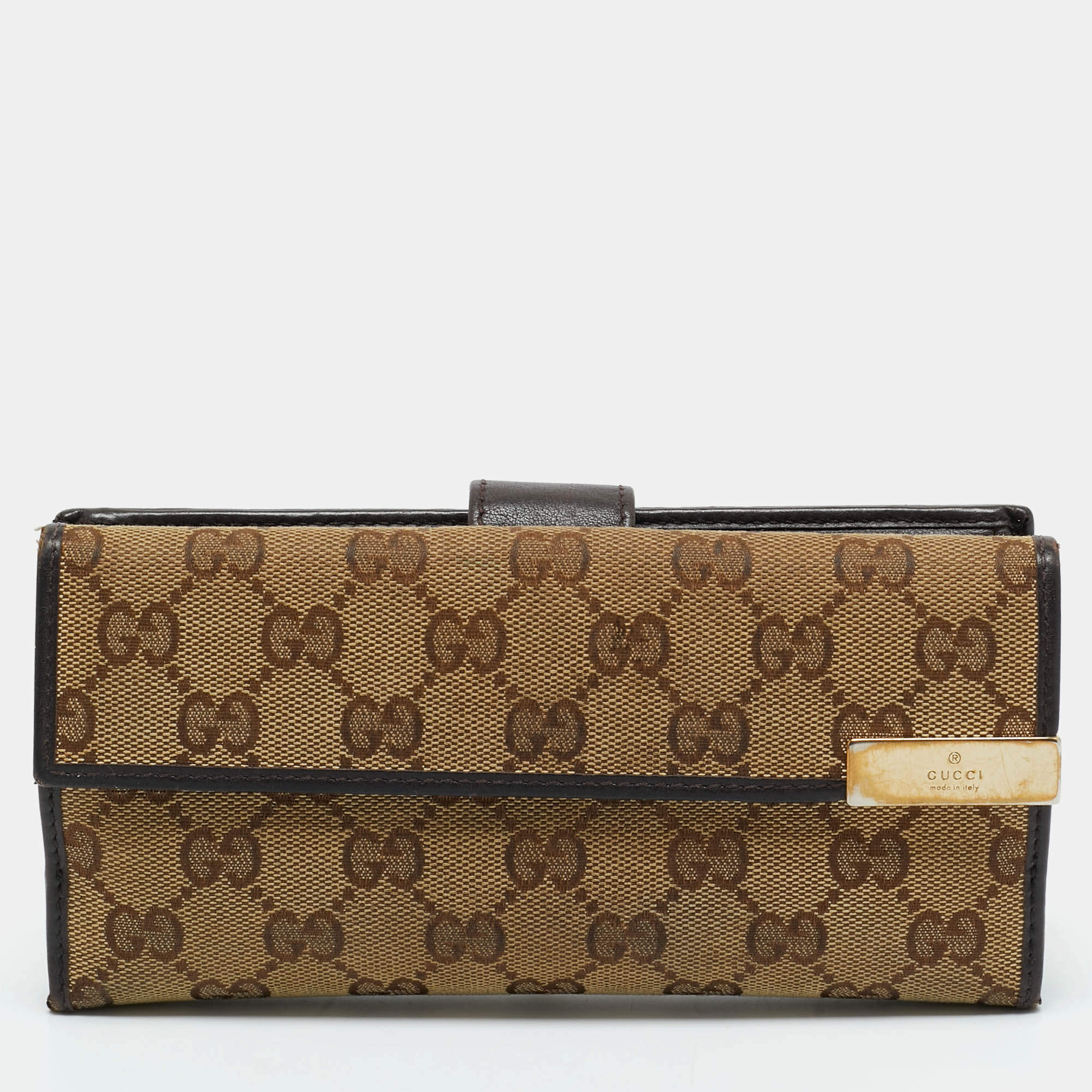 Pre Owned Gucci Beige/Brown GG Canvas and Leather Metal Flap Continental Wallet