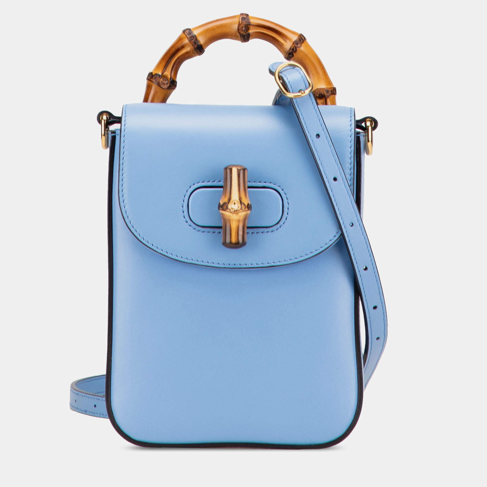 Pre Owned Gucci Blue Mini Calfskin Bamboo Top Handle Bag
