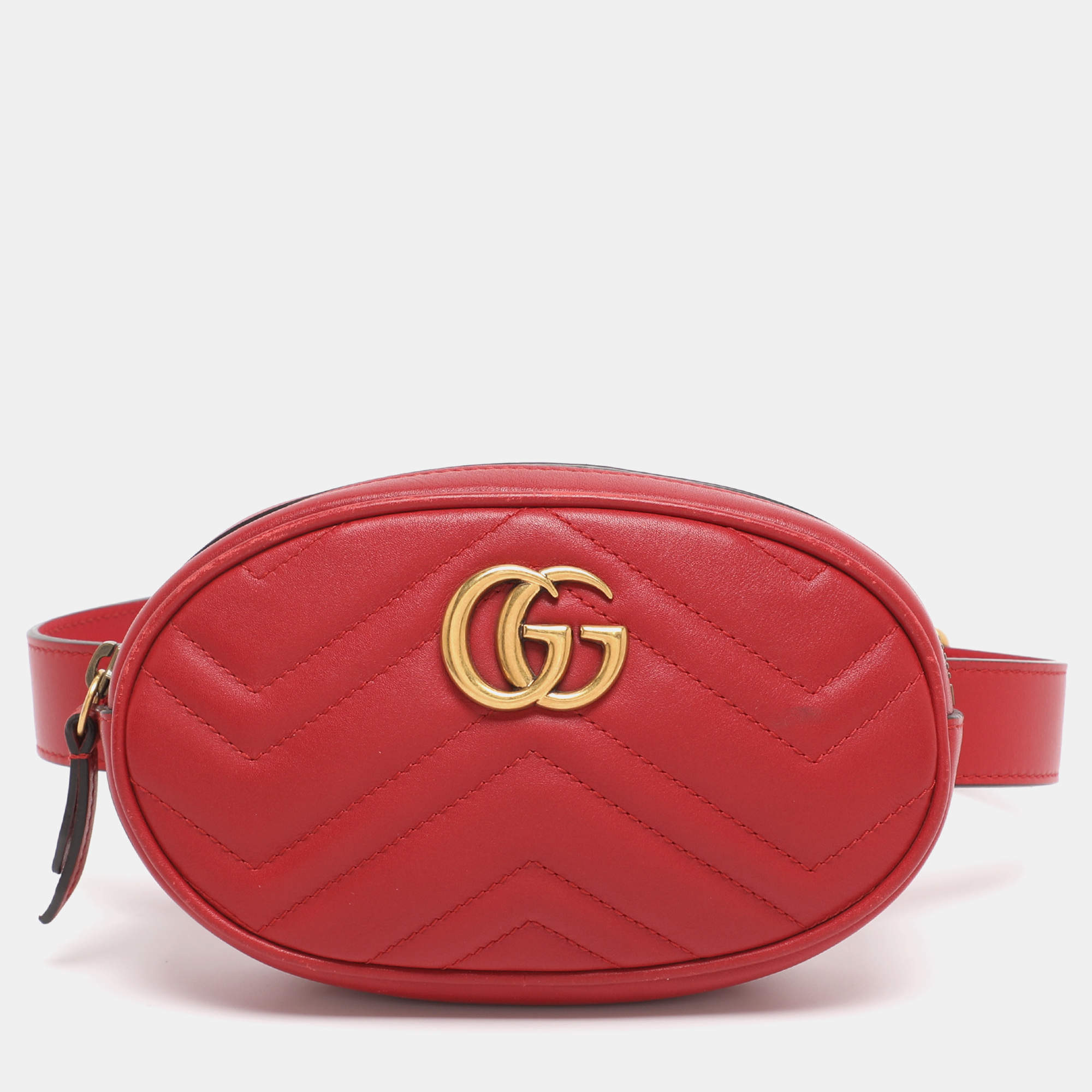 Pre Owned Gucci Red Matelassé Leather GG Marmont Belt Bag