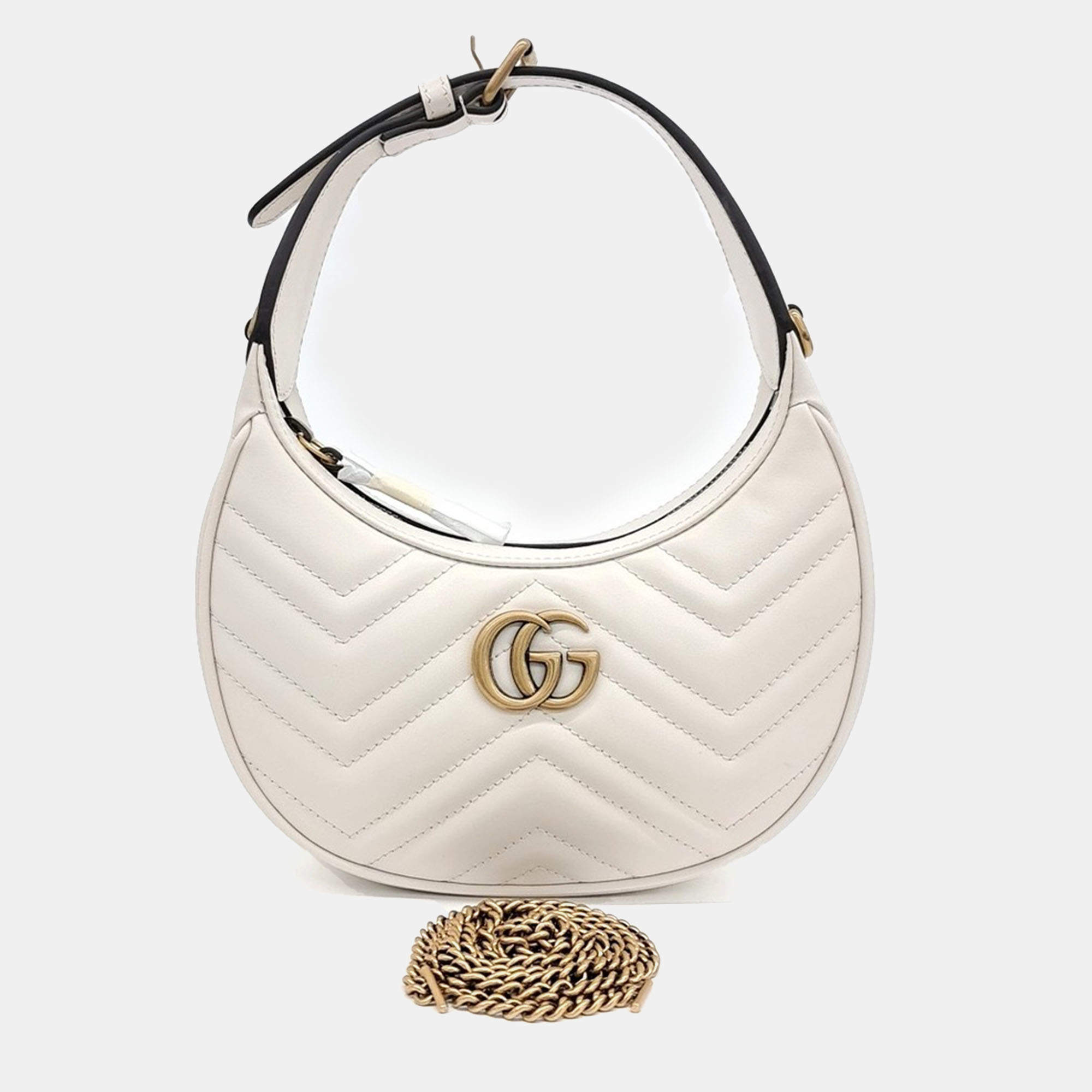Pre Owned Gucci White Leather Marmont Half Moon Mini Shoulder Bag