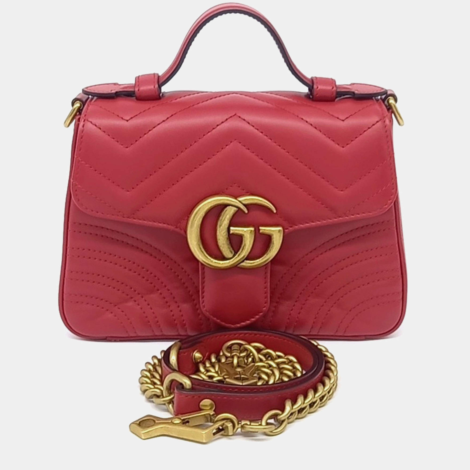Pre Owned Gucci Red Leather Marmont Mini Top Handle Shoulder Bag