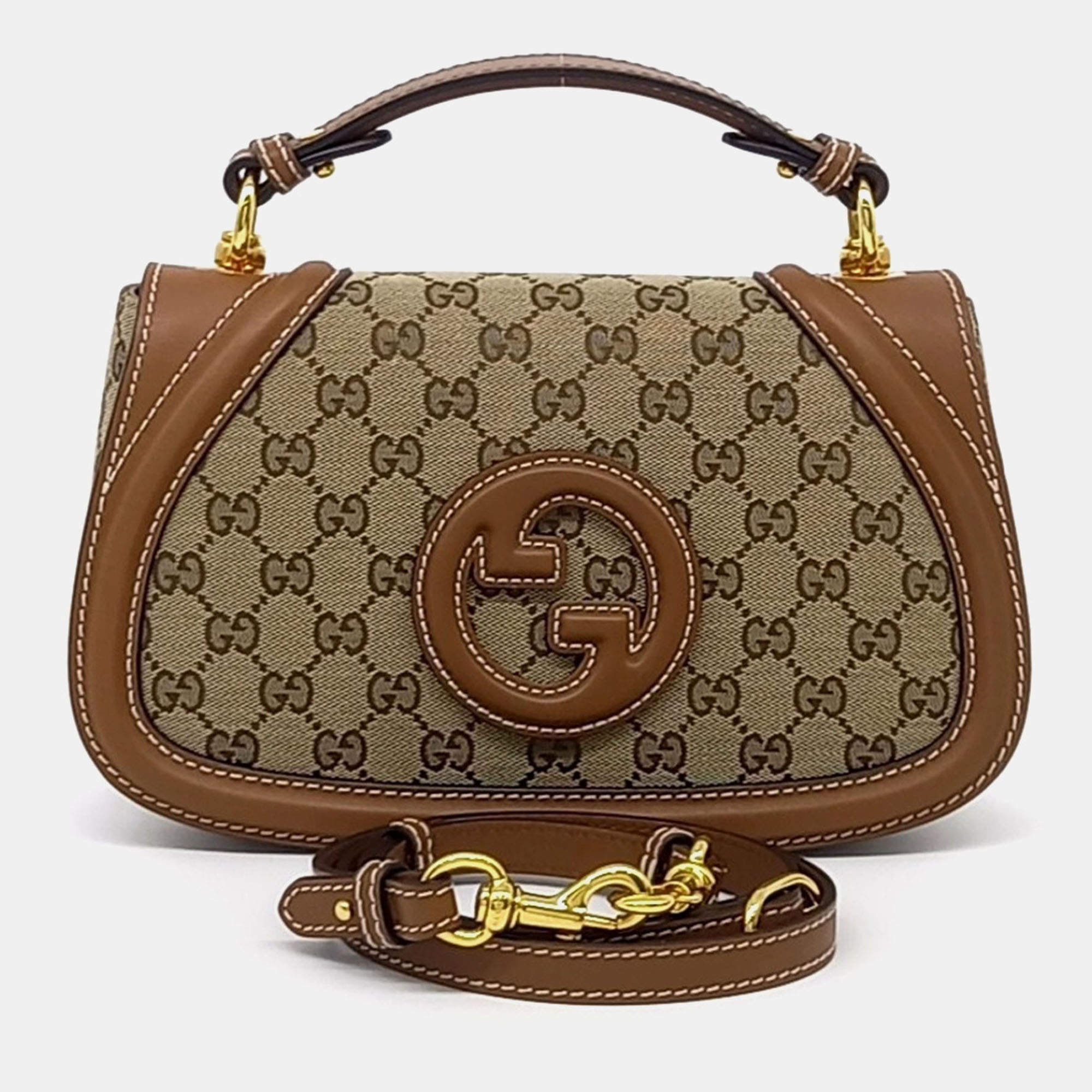 Pre Owned Gucci Beige Brown Canvas and Leather Blondie Medium Top Handle Bag