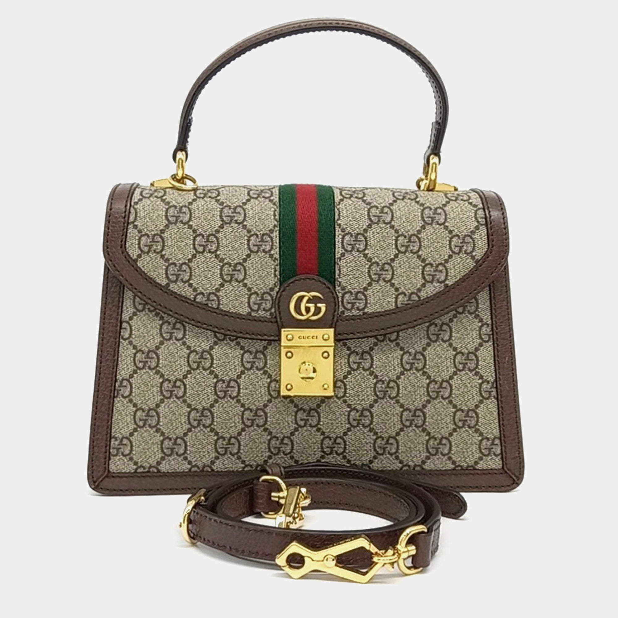 Pre Owned Gucci Beige Brown Canvas and Leather Ophidia Top Handle Bag