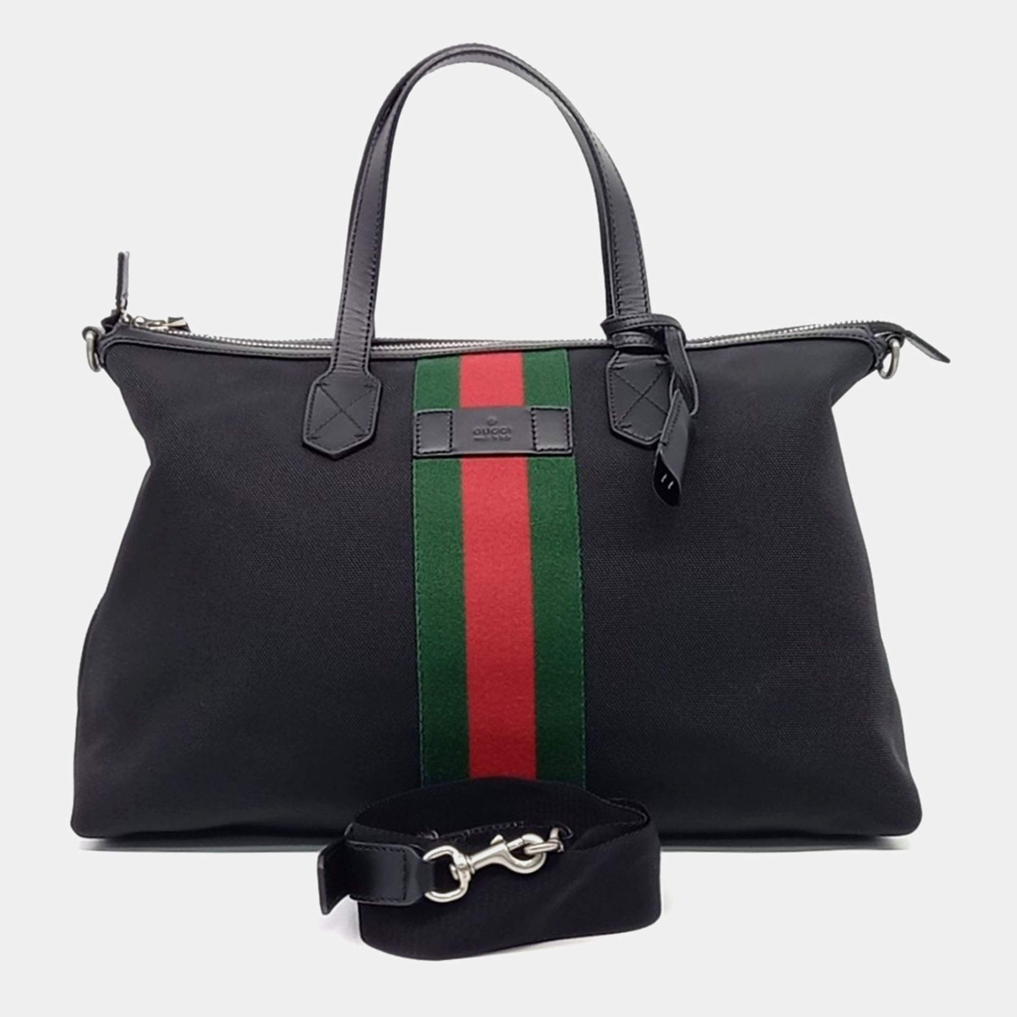 Pre Owned Gucci Black Fabric Web Tote Bag