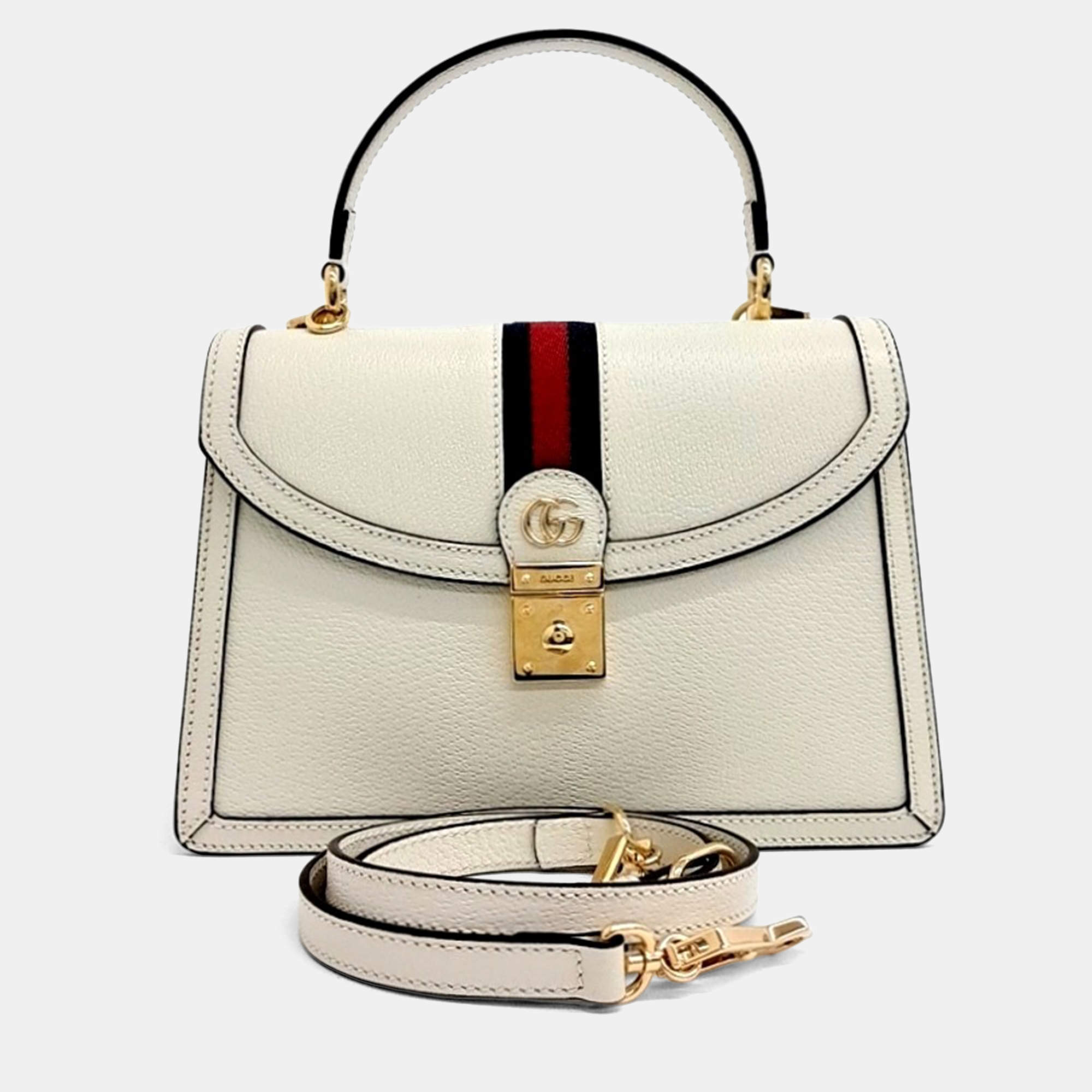 Pre Owned Gucci Cream Leather Ophidia Top Handle Bag