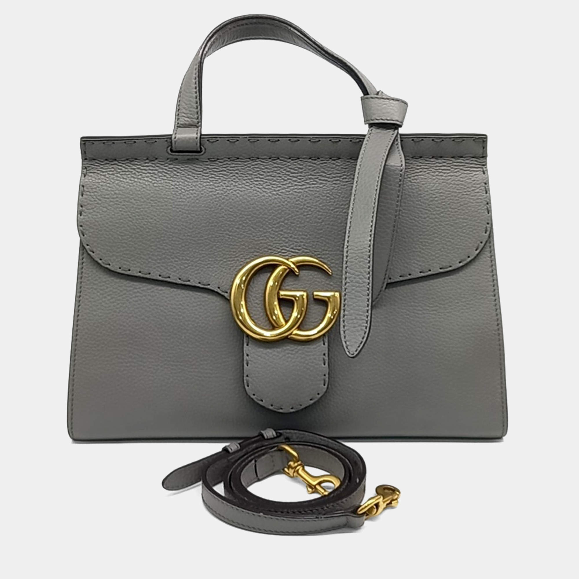 Pre Owned Gucci Grey Leather GG Marmont Tote and Shoulder Bag