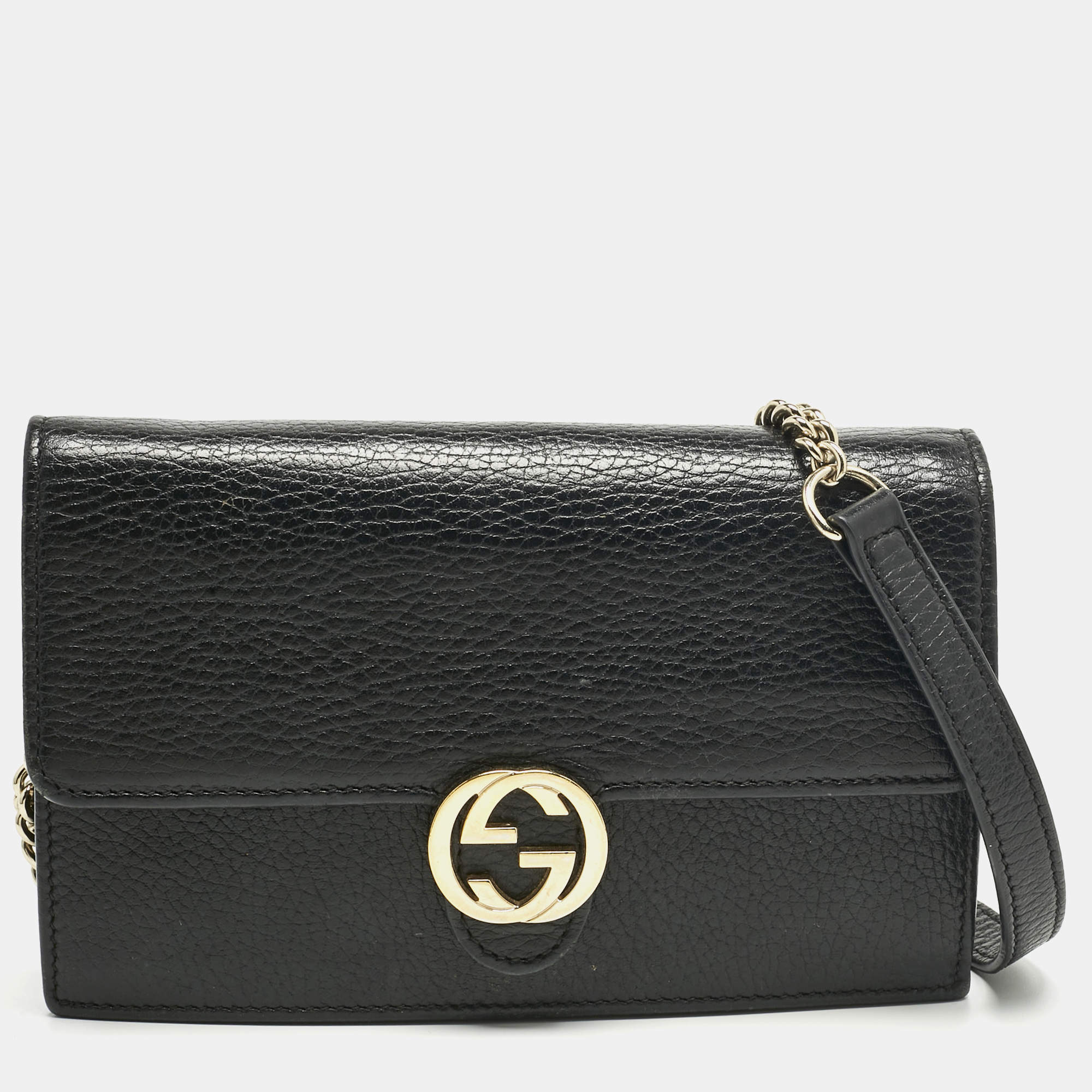 Pre Owned Gucci Black Leather Interlocking G Dollar Chain Wallet