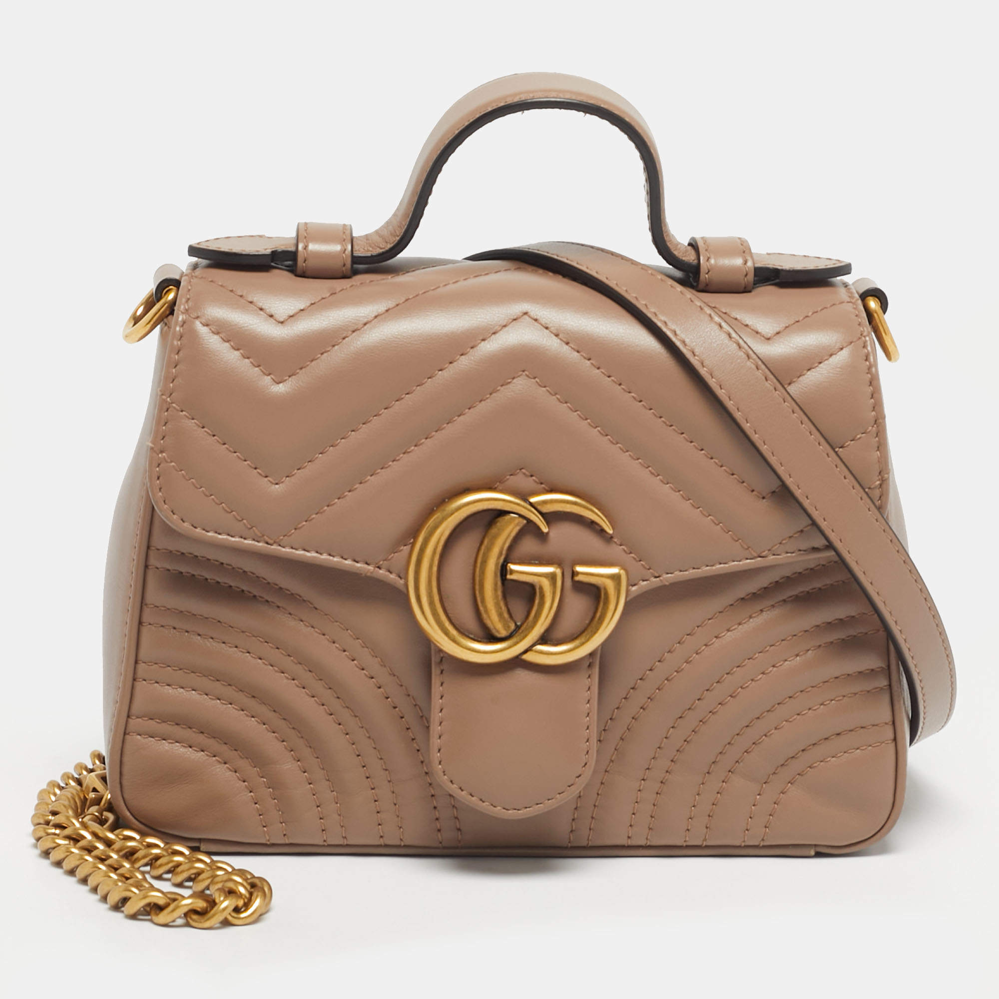 Pre Owned Gucci Beige Matelassé Leather Mini GG Marmont Top Handle Bag