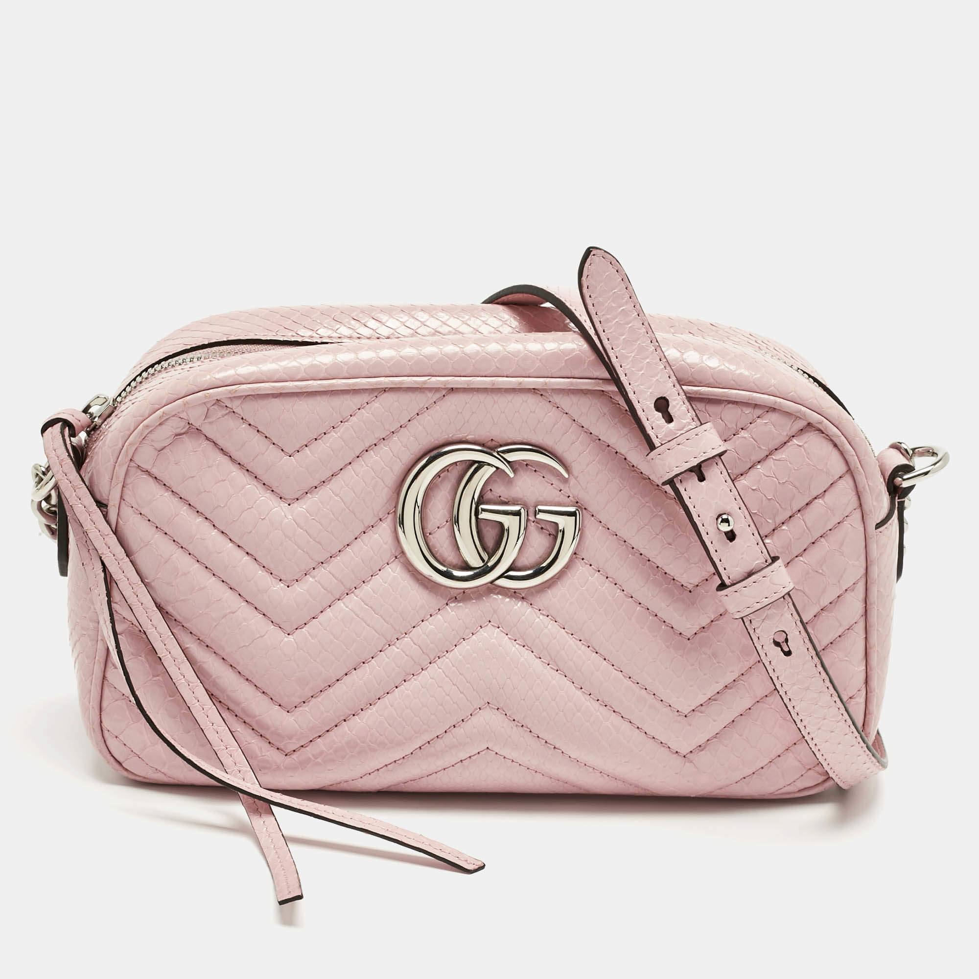 Pre Owned Gucci Pink Snakeskin Small GG Marmont Camera Bag