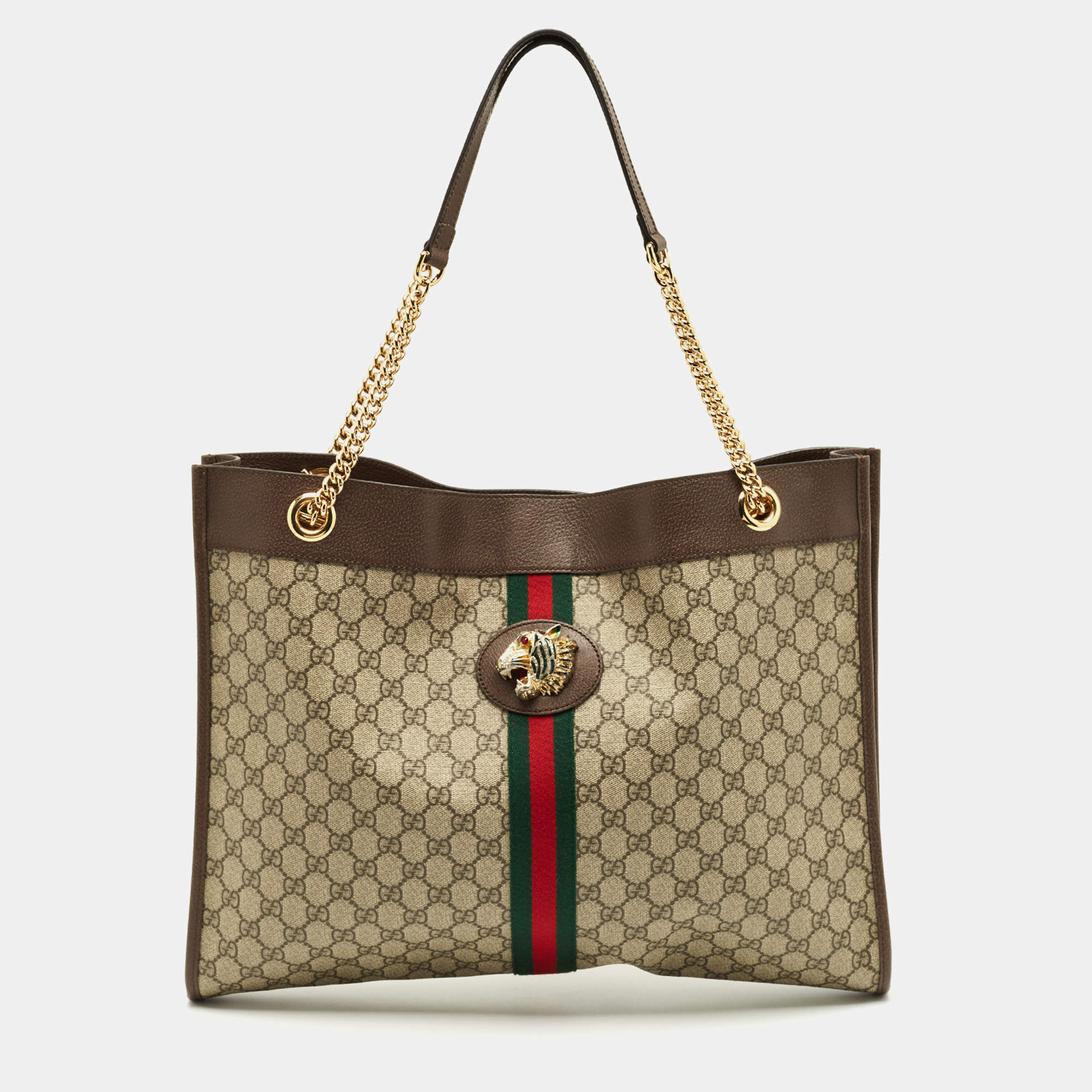 Pre Owned Gucci Brown/Beige GG Supreme Canvas Large Web Rajah Tote