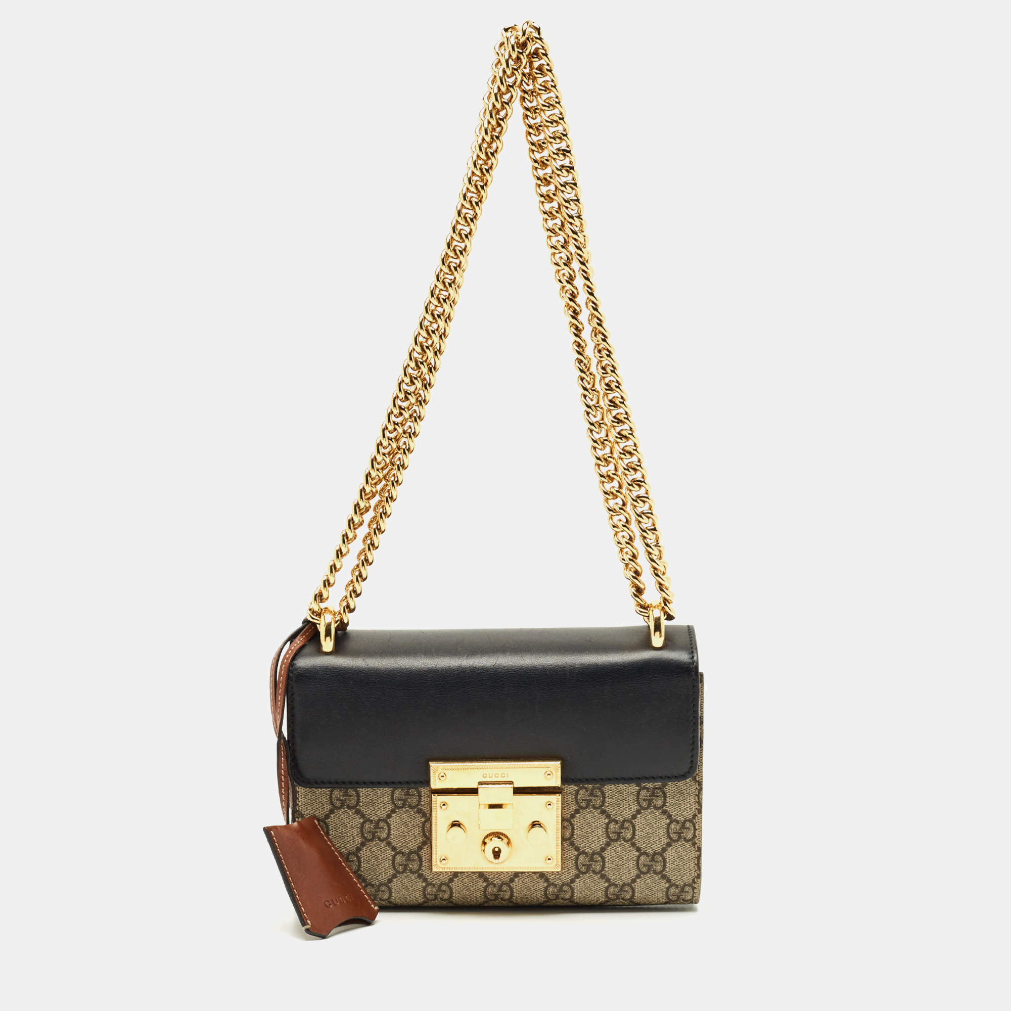 Pre Owned Gucci Black/Brown GG Supreme Canvas and Leather Small Padlock Shoulder Bag