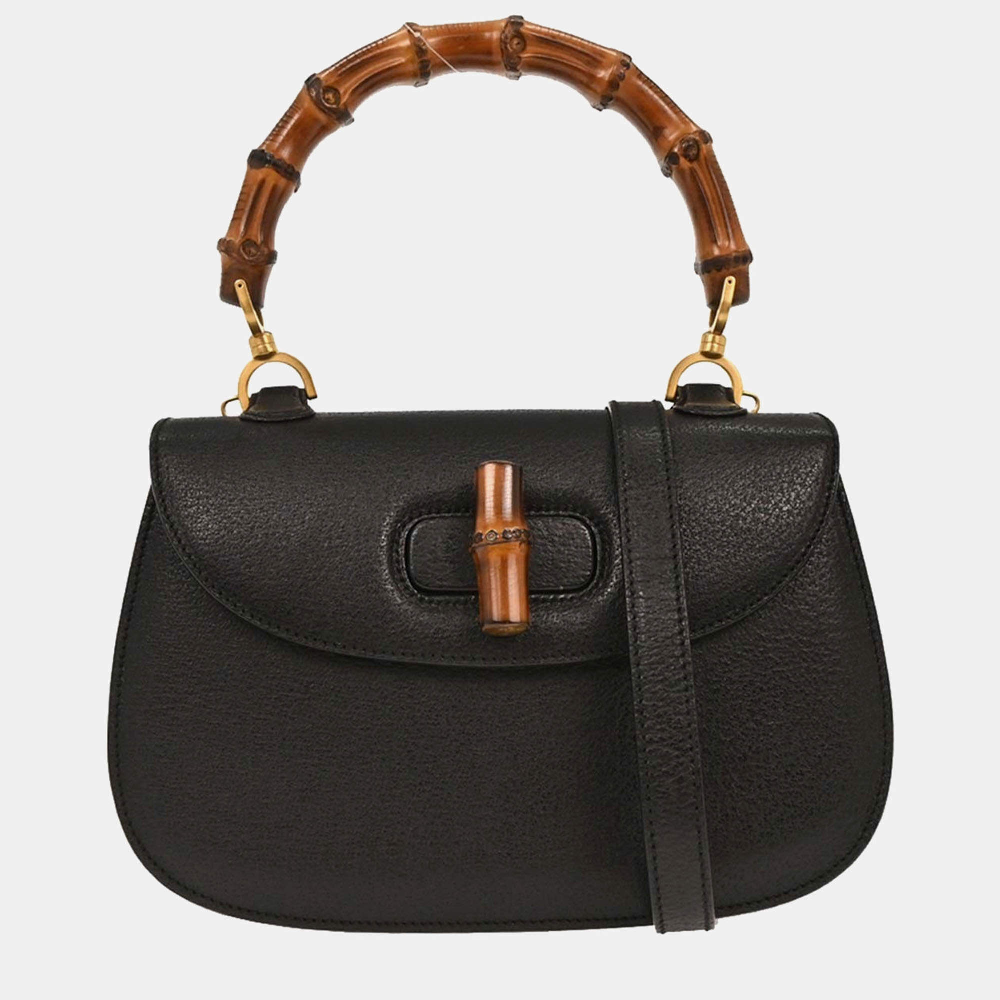 مملوكة مسبقًا حقيبة يد غوتشي بمب ٢ في ١ جلد خنزير أسود بامبو