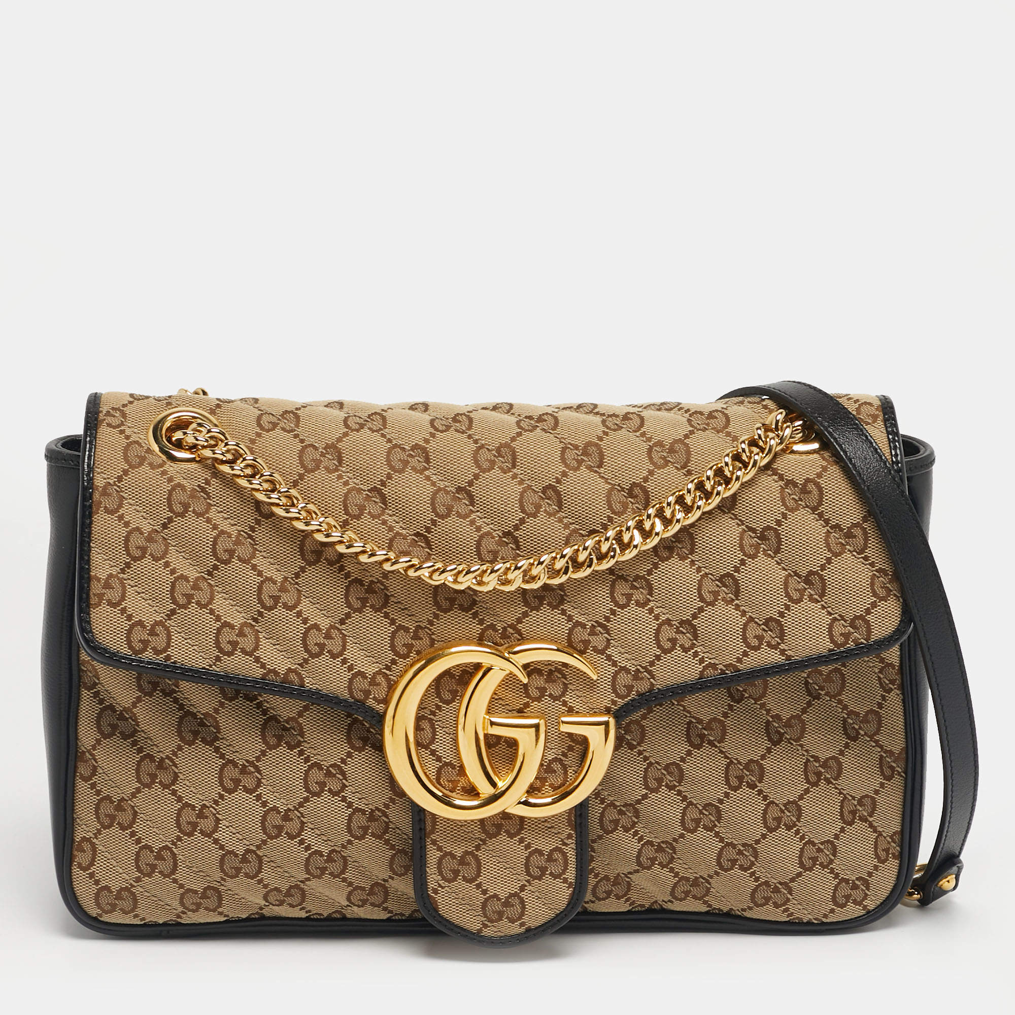 Pre Owned حقيبة كتف غوتشي مارمونت جي جي متوسطة كانفاس ماتلاسسيه أسود/بيج