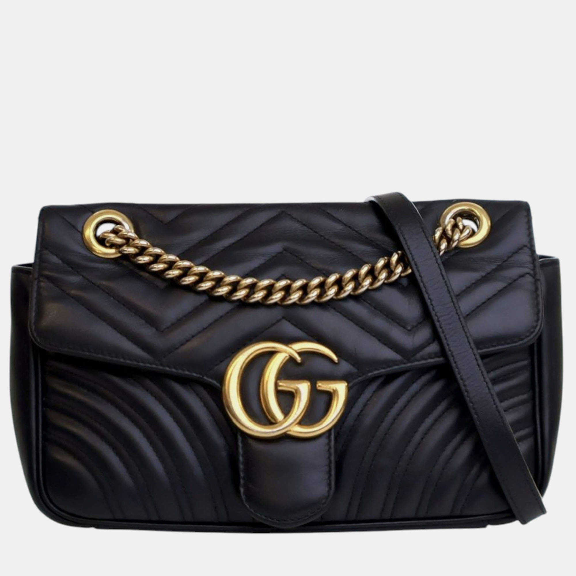 Pre Owned Gucci Black Medium GG Marmont Matelasse Leather Shoulder Bag