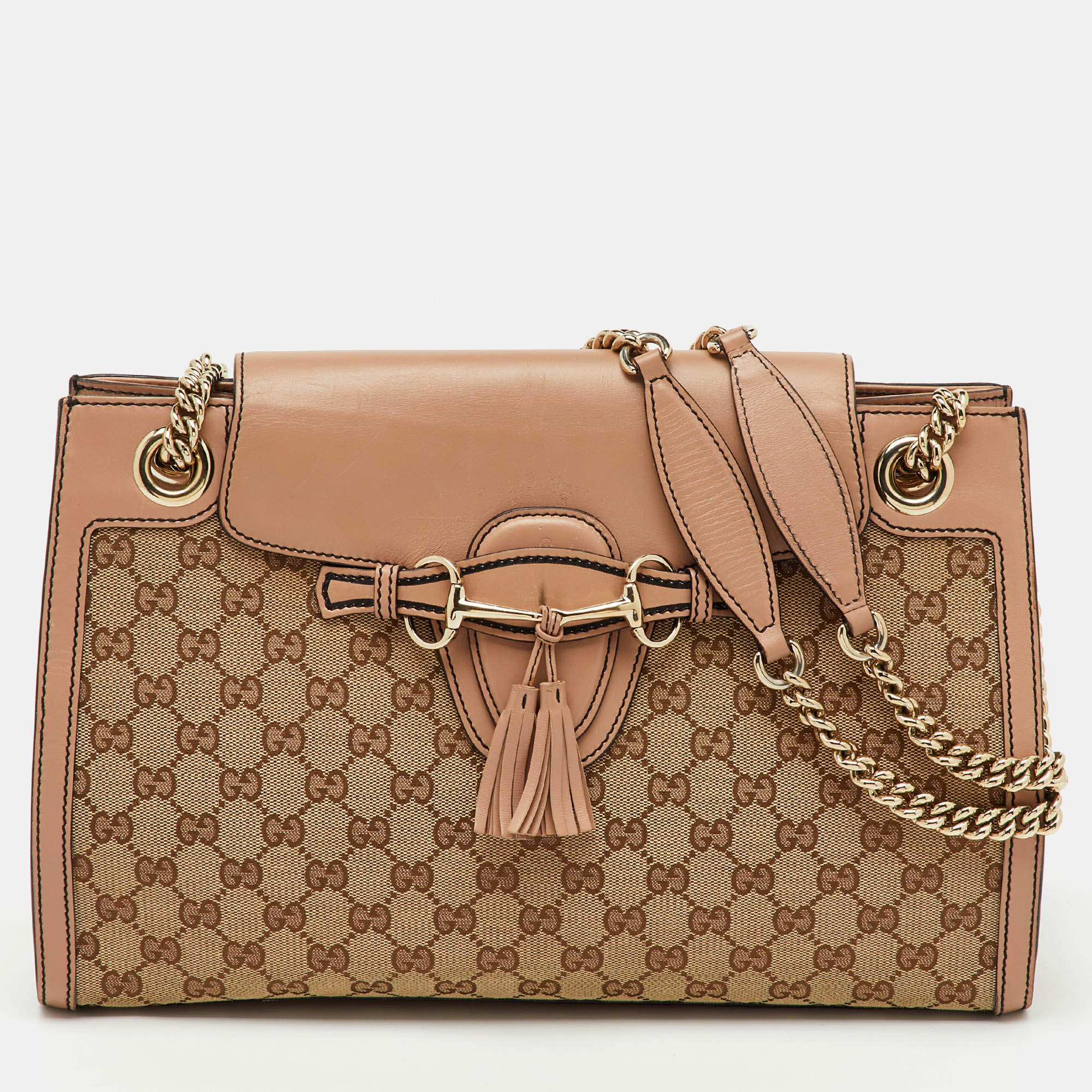 Pre Owned Gucci Beige/Pink GG Canvas and Leather Large Emily Chain Shoulder Bag