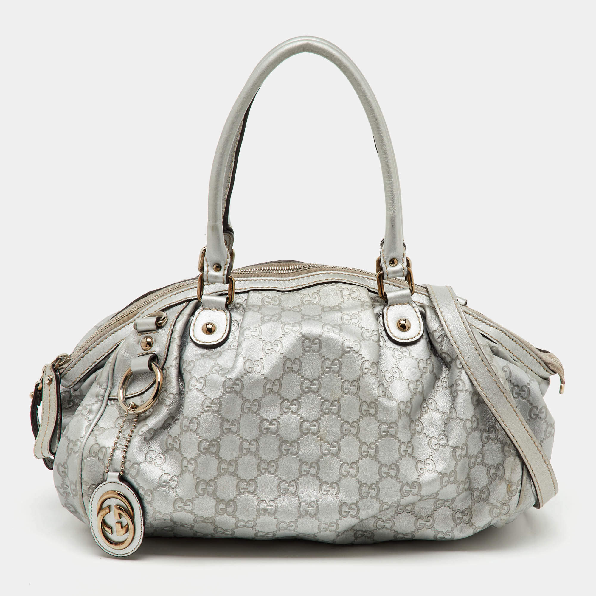 Pre Owned Gucci Metallic Grey Guccissima Leather Medium Sukey Boston Bag