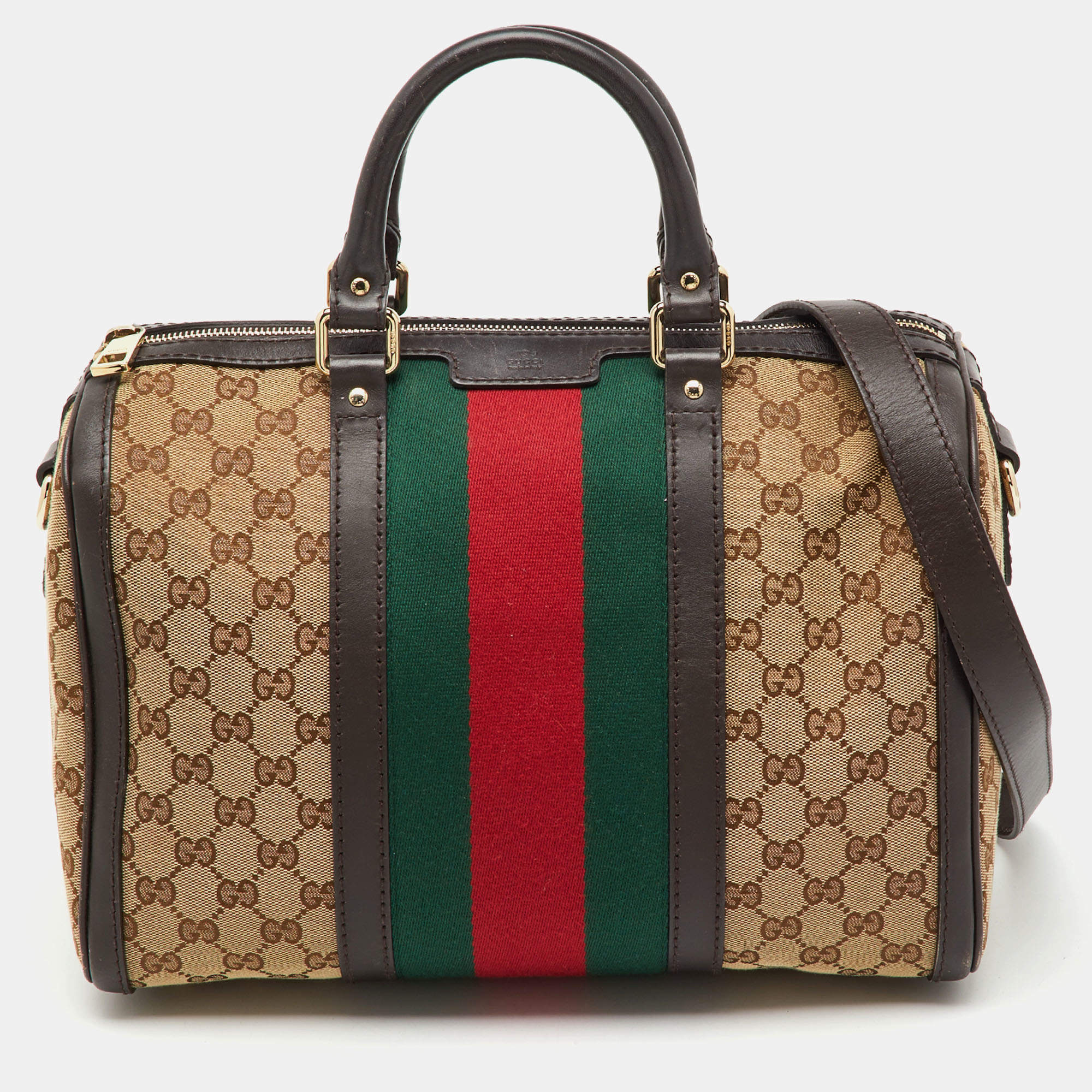 Pre Owned Gucci Beige/Brown GG Canvas and Leather Vintage Web Medium Joy Boston Bag