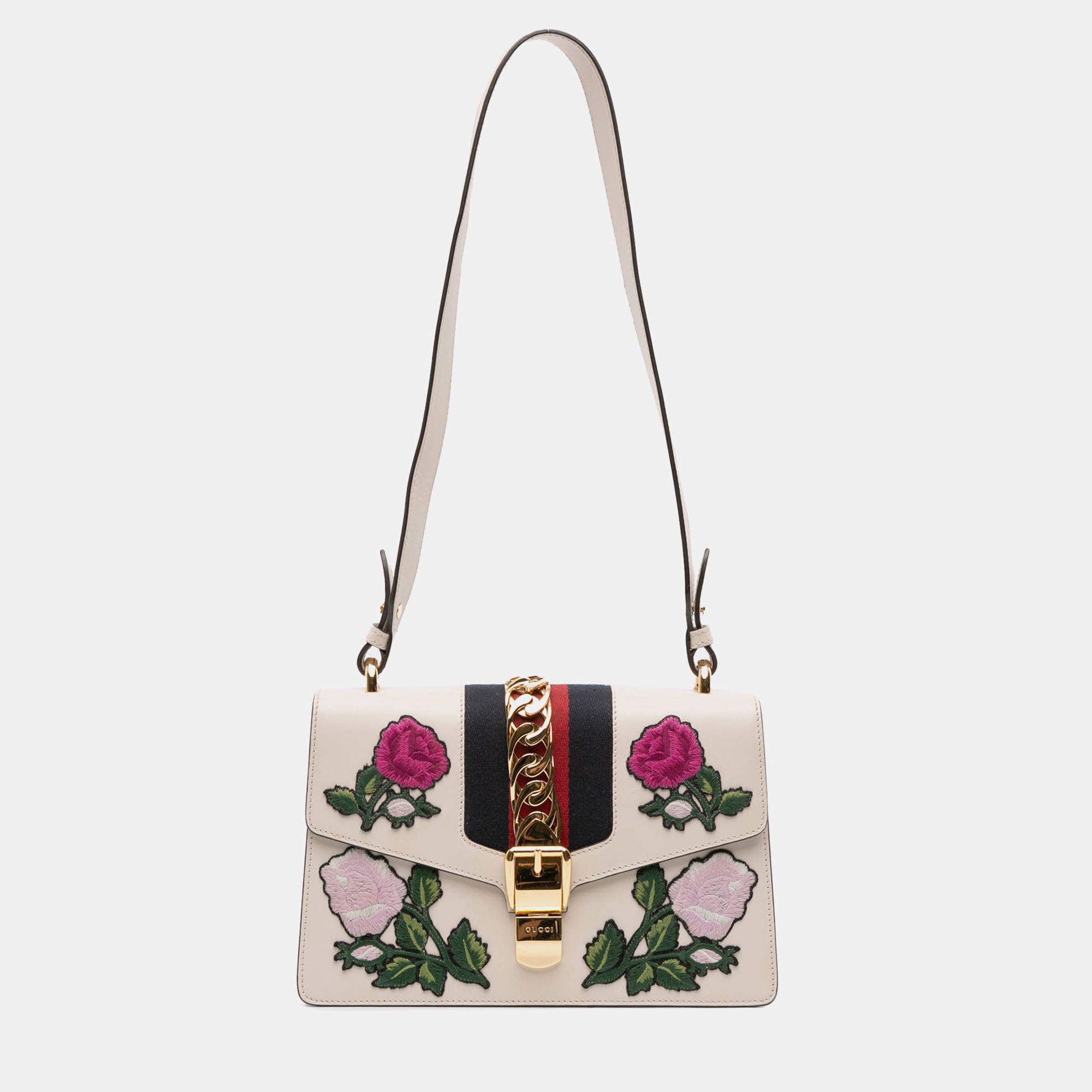 Pre Owned Gucci White Small Floral Embroidered Leather Sylvie Satchel