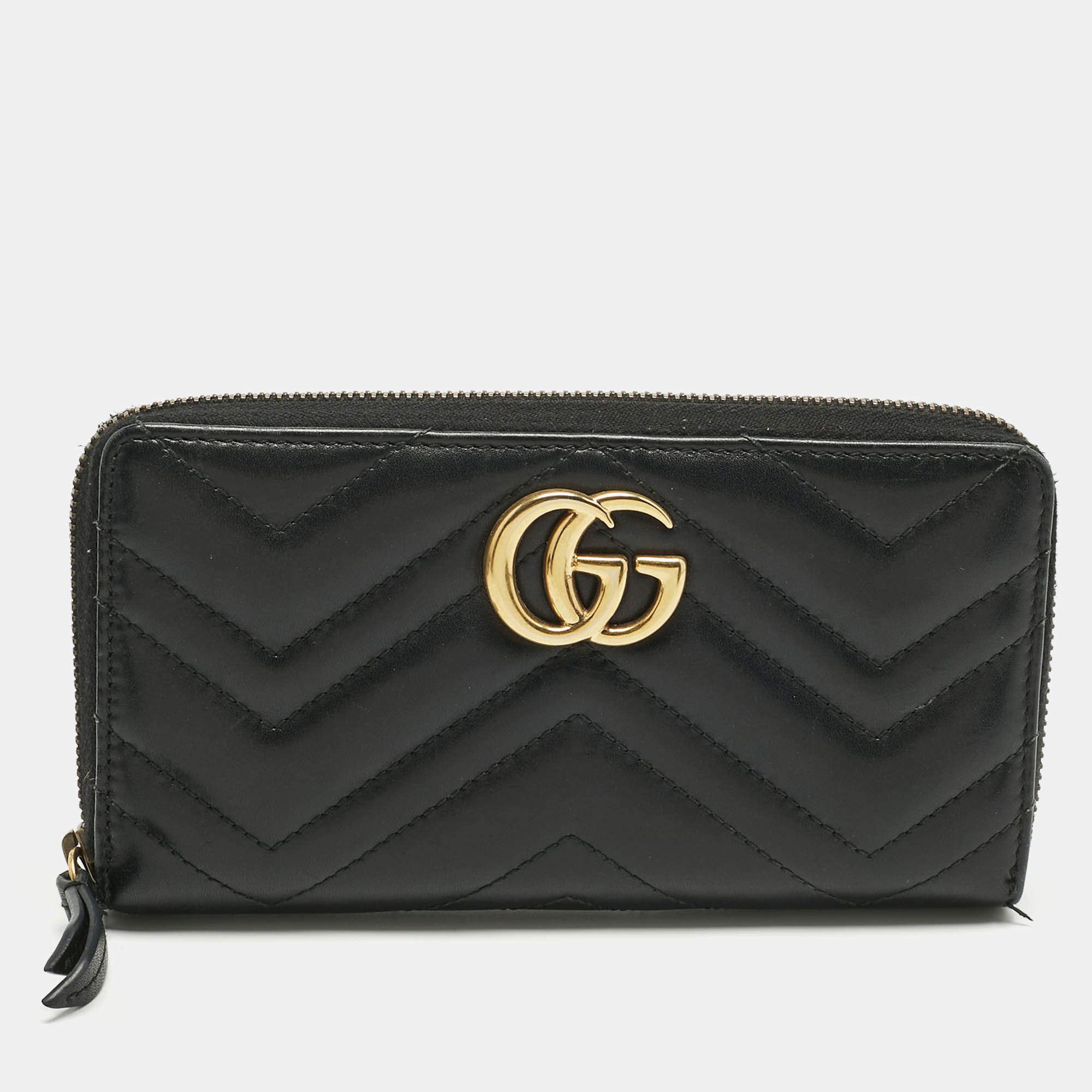 مملوكة مسبقًا محفظة غوتشي سوداء GG مارمونت كونتيننتال جلد ماتيلاسيه