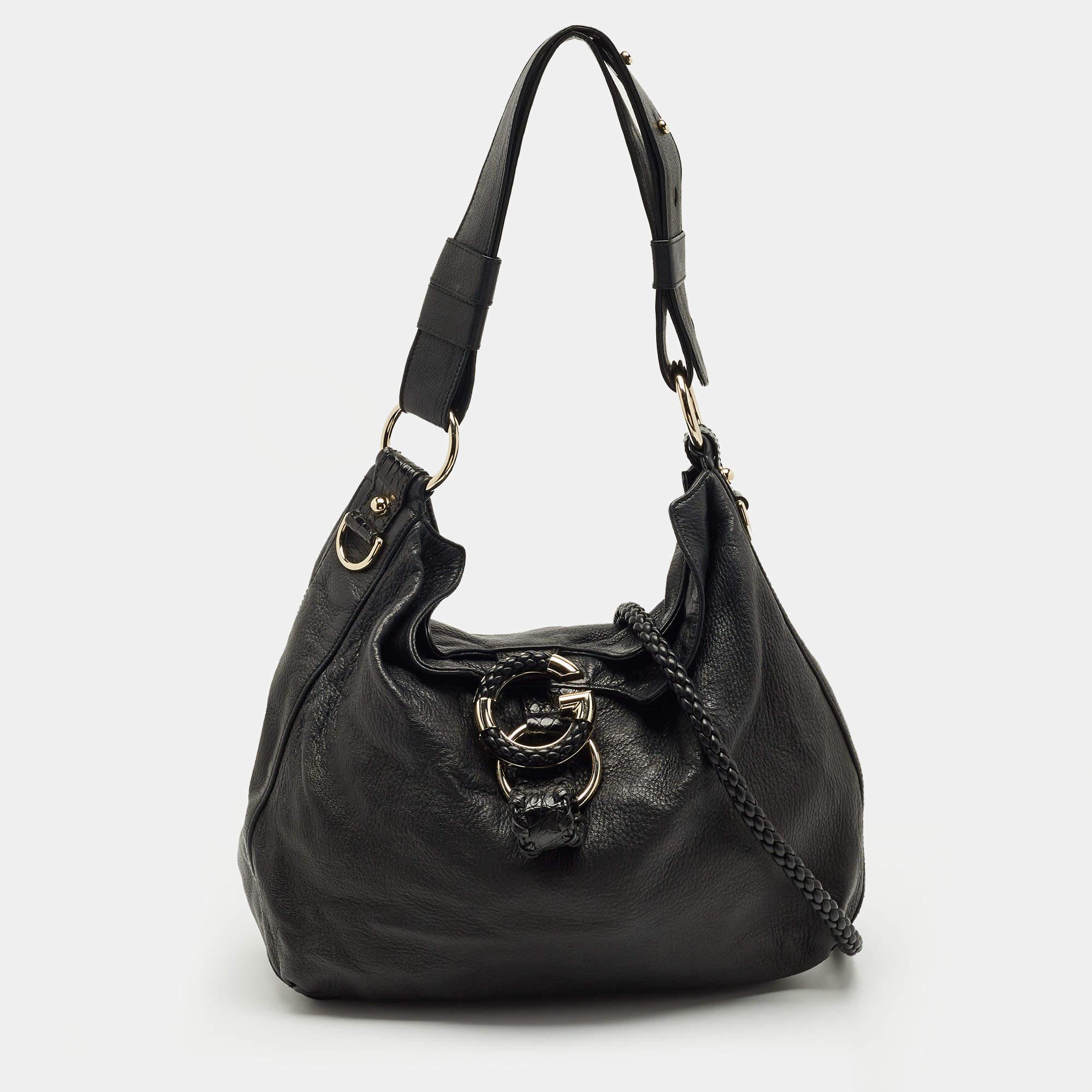 Pre Owned Gucci Black Leather Large Wave Hobo