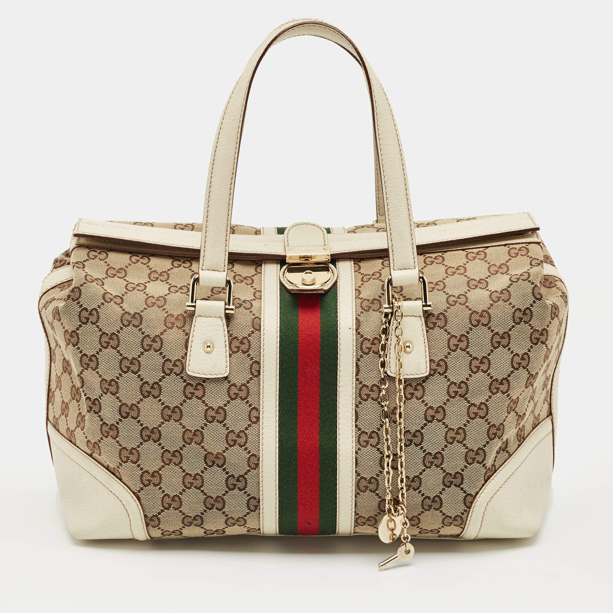 Pre Owned Gucci White GG Canvas and Leather Large Web Treasure Boston Bag