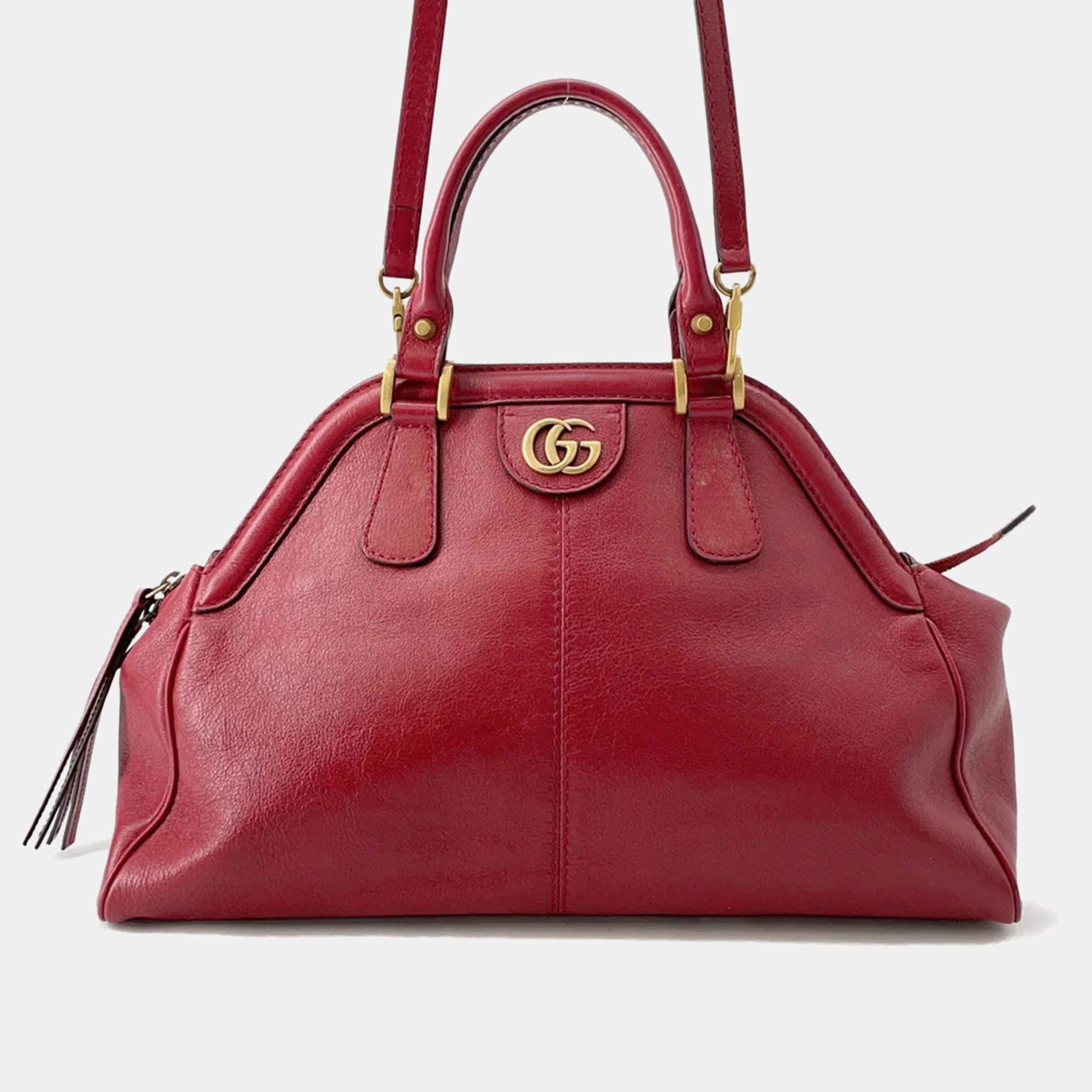 Pre Owned Gucci Liber Top Handle Bag Red Leather Size Medium
