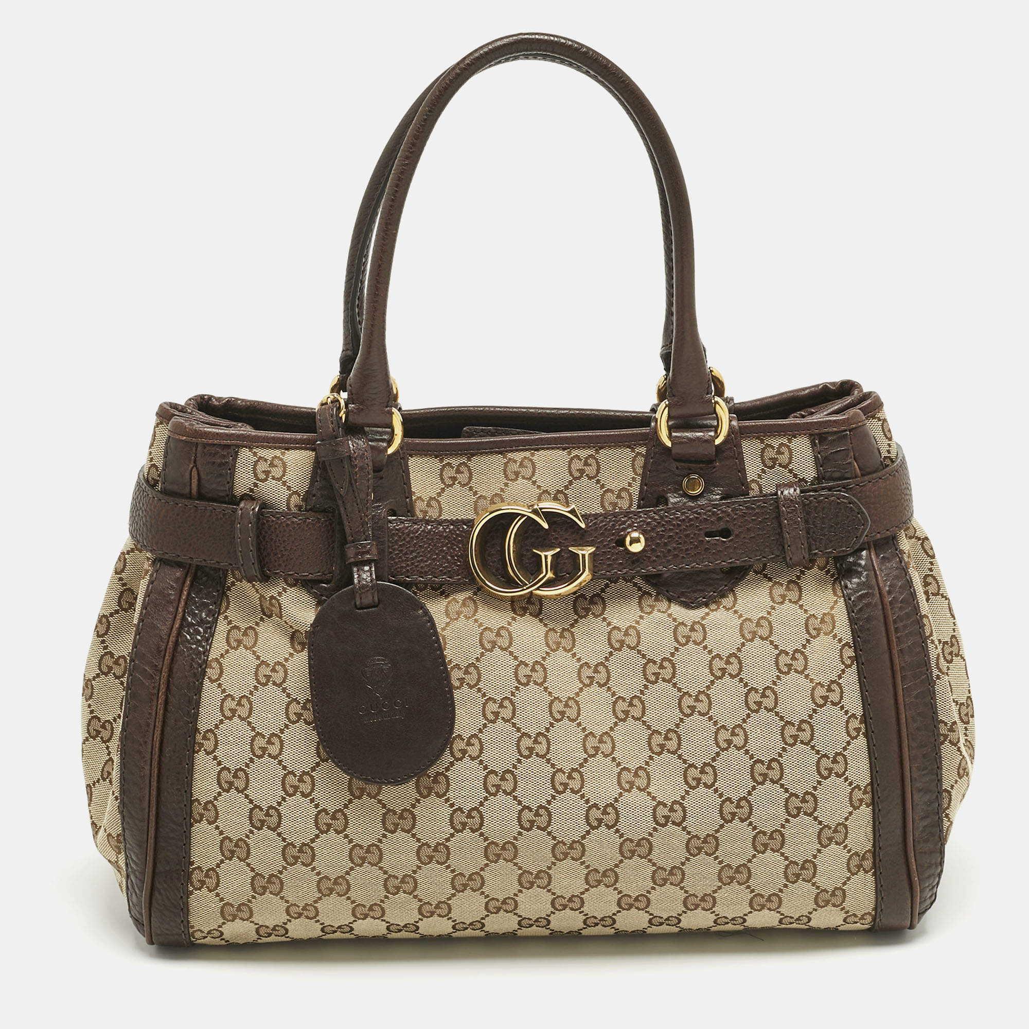 Pre Owned Gucci Ebony/Beige GG Canvas and Leather Medium Running Tote