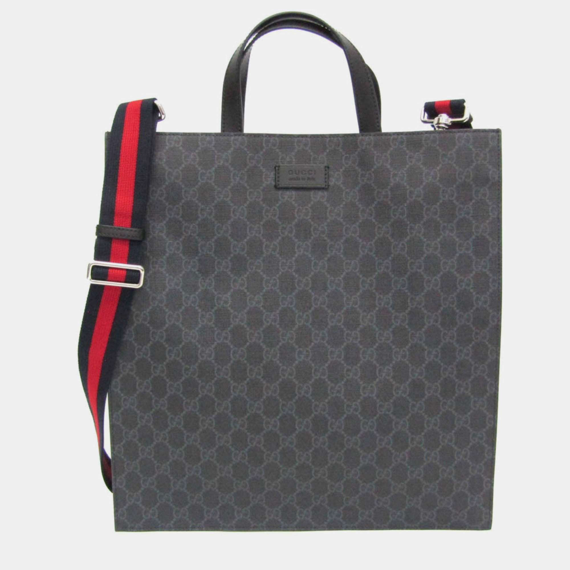 Pre Owned Gucci GG Supreme Leather Tote Bag Black Gray
