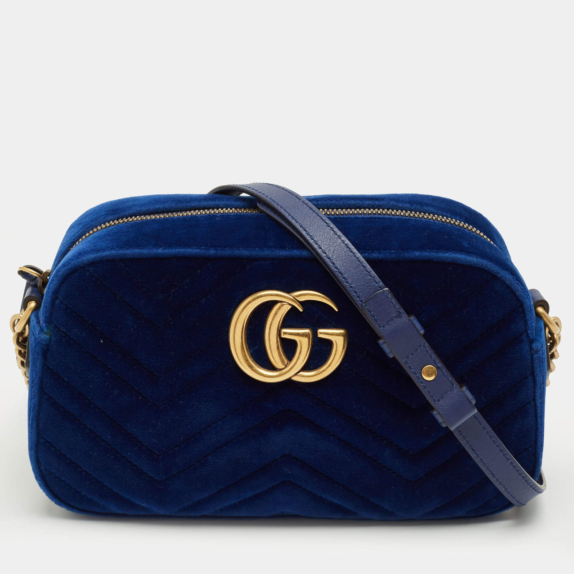 Pre Owned Gucci Blue Matelassé Velvet Small GG Marmont Camera Bag