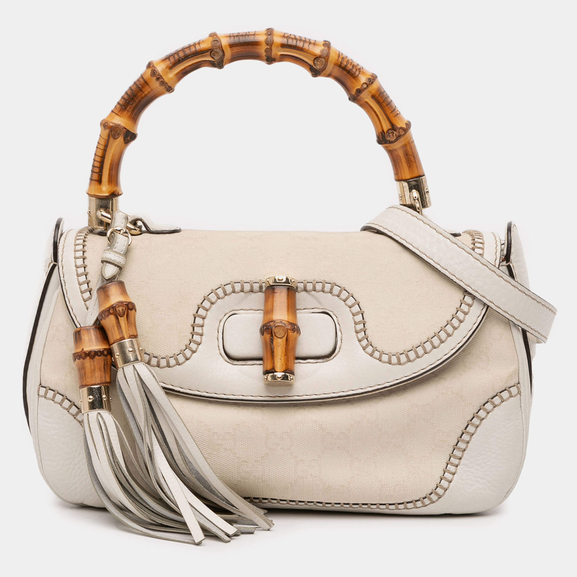 Pre Owned Gucci White Medium GG Canvas New Bamboo Satchel