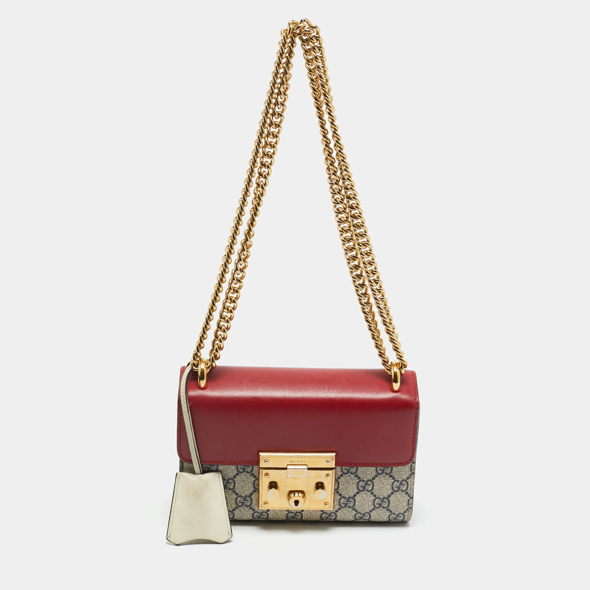 Pre Owned Gucci Red/Beige GG Supreme Canvas and Leather Small Padlock Shoulder Bag