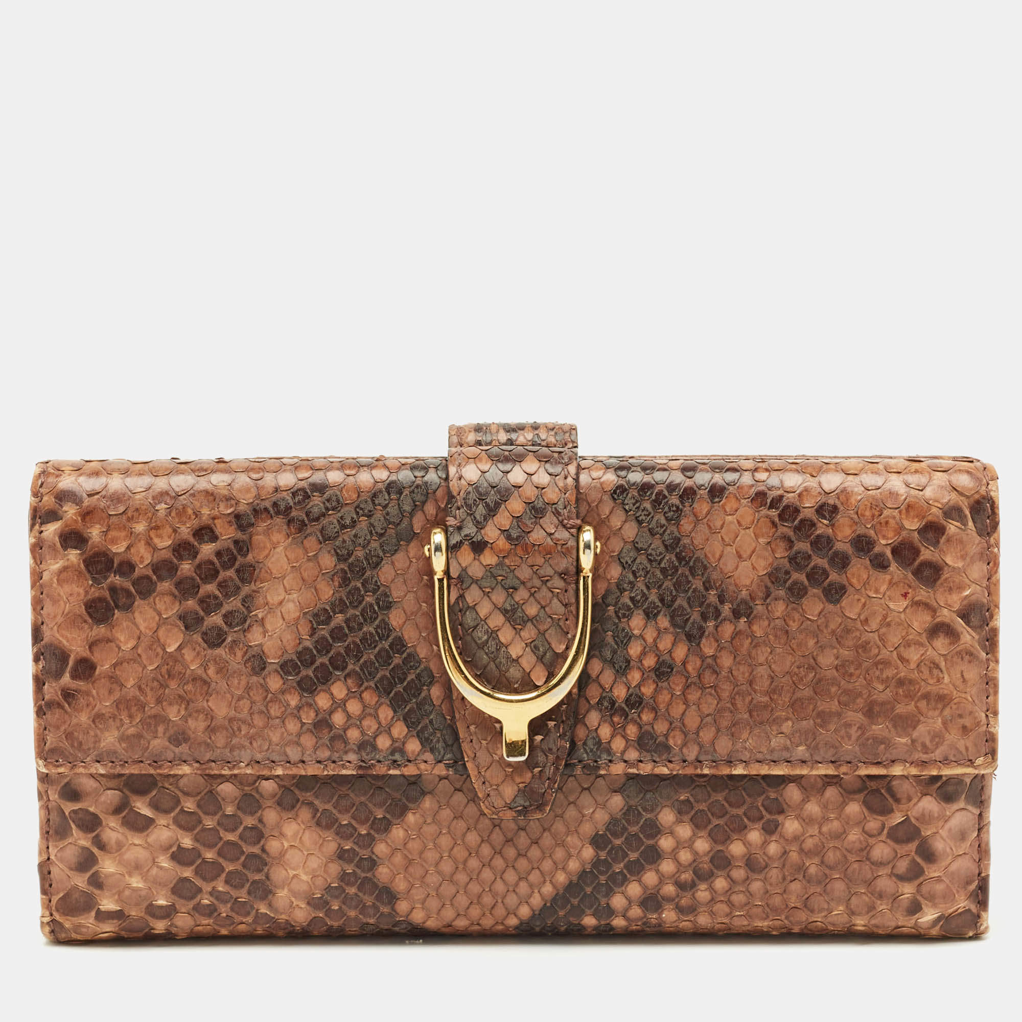 Pre Owned Gucci Beige Python Spur Flap Continental Wallet