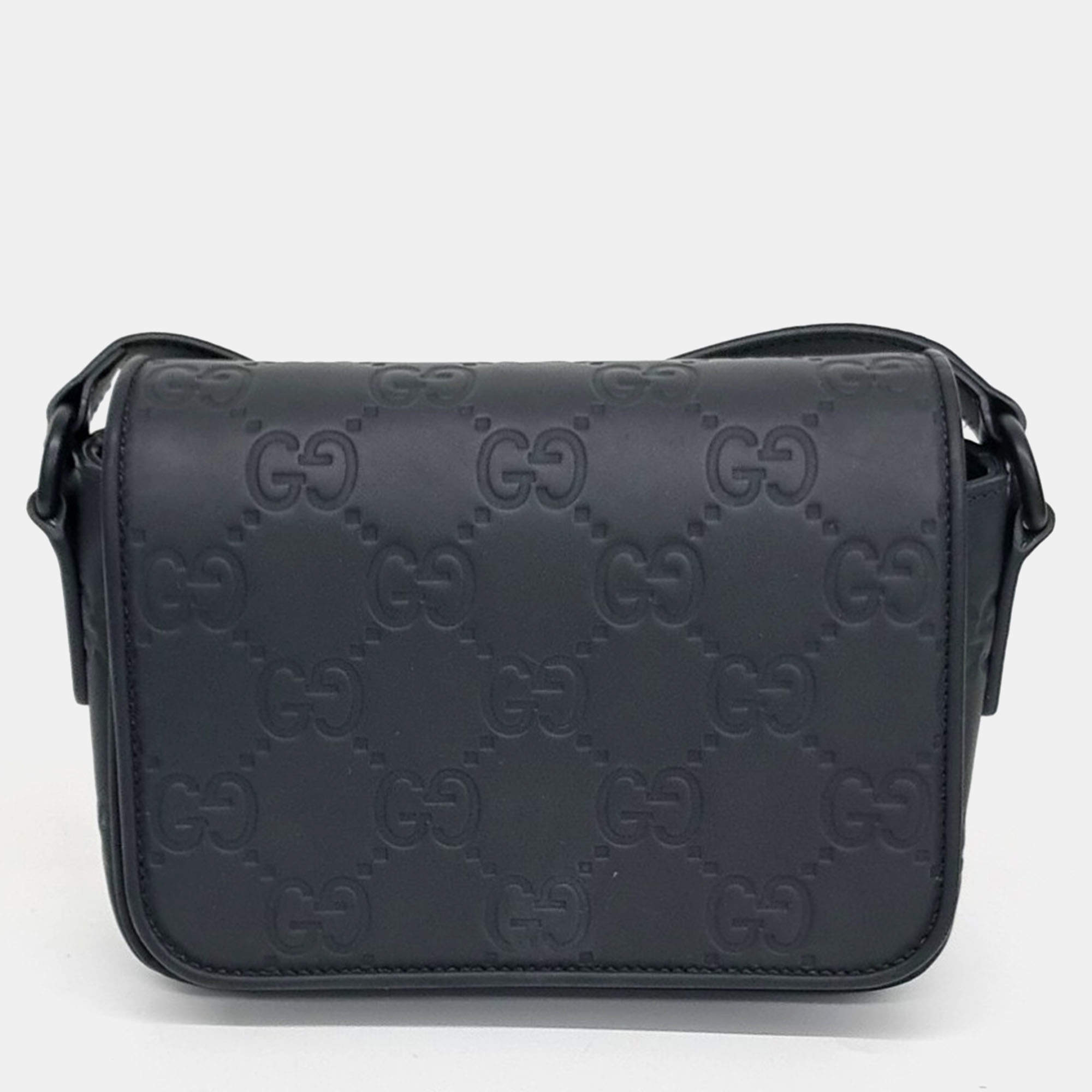 Pre Owned Gucci Black Leather GG Rubber-Effect Super Mini Bag