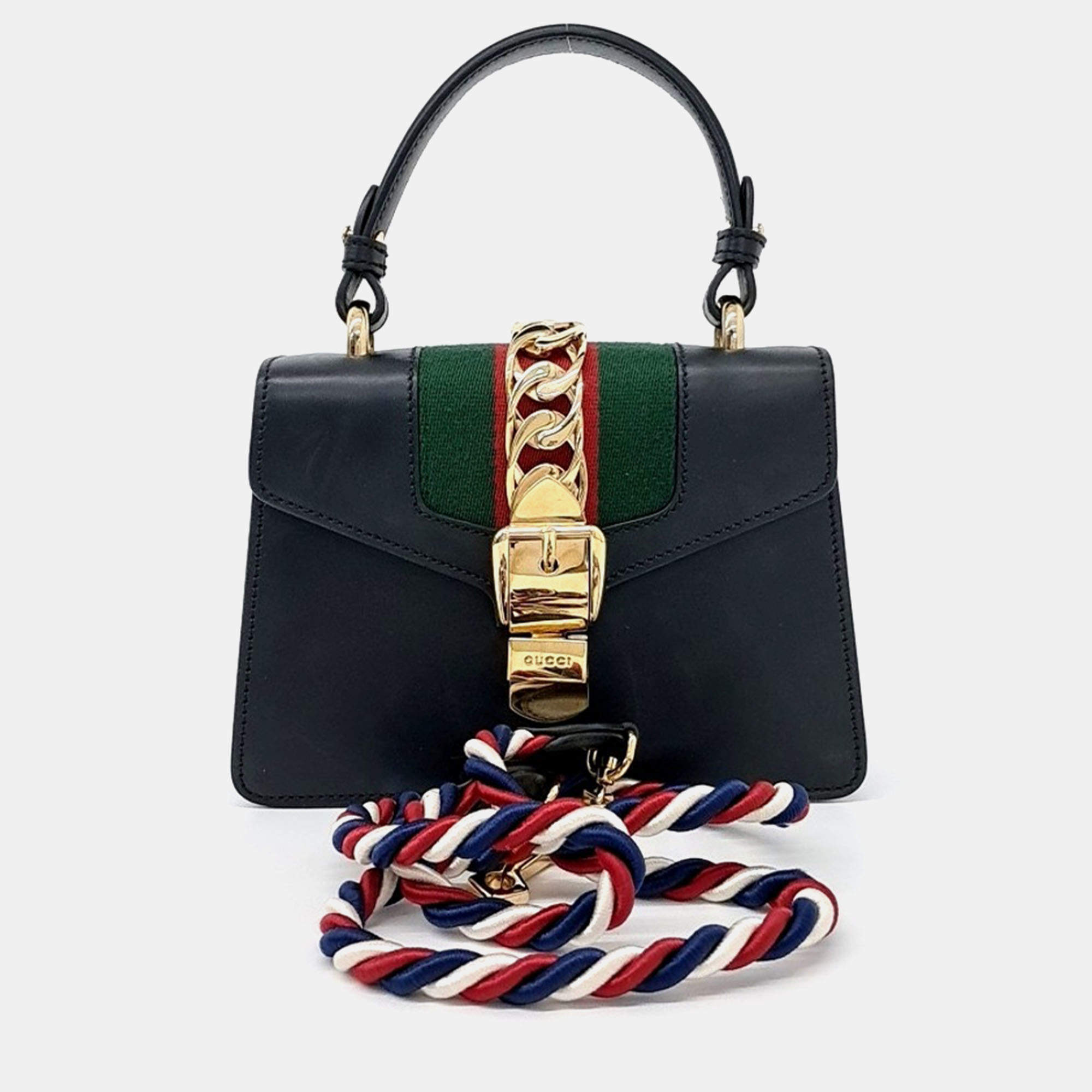 Pre Owned Gucci Black Leather Sylvie Mini Tote and Crossbody Bag