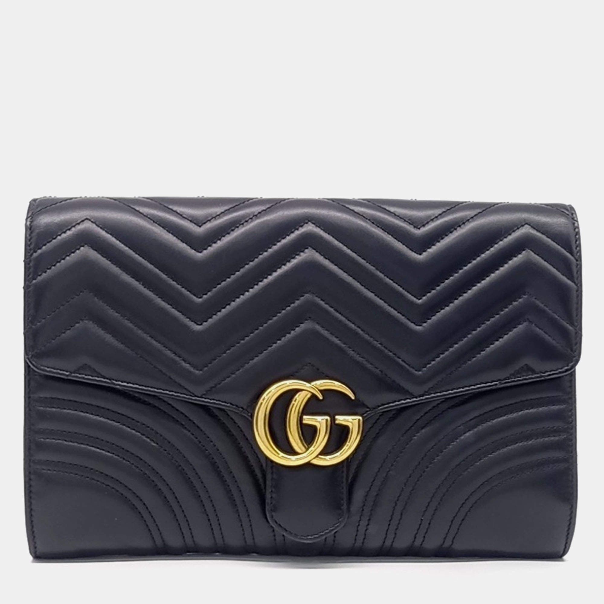 Pre Owned Gucci Black Leather Marmont Matelasse Clutch