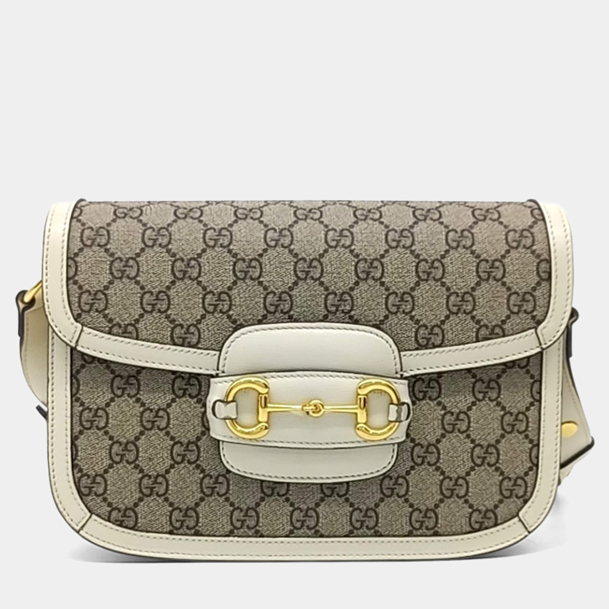 Pre Owned Gucci Beige White Coated Canvas 1955 Horsebit Shoulder Bag
