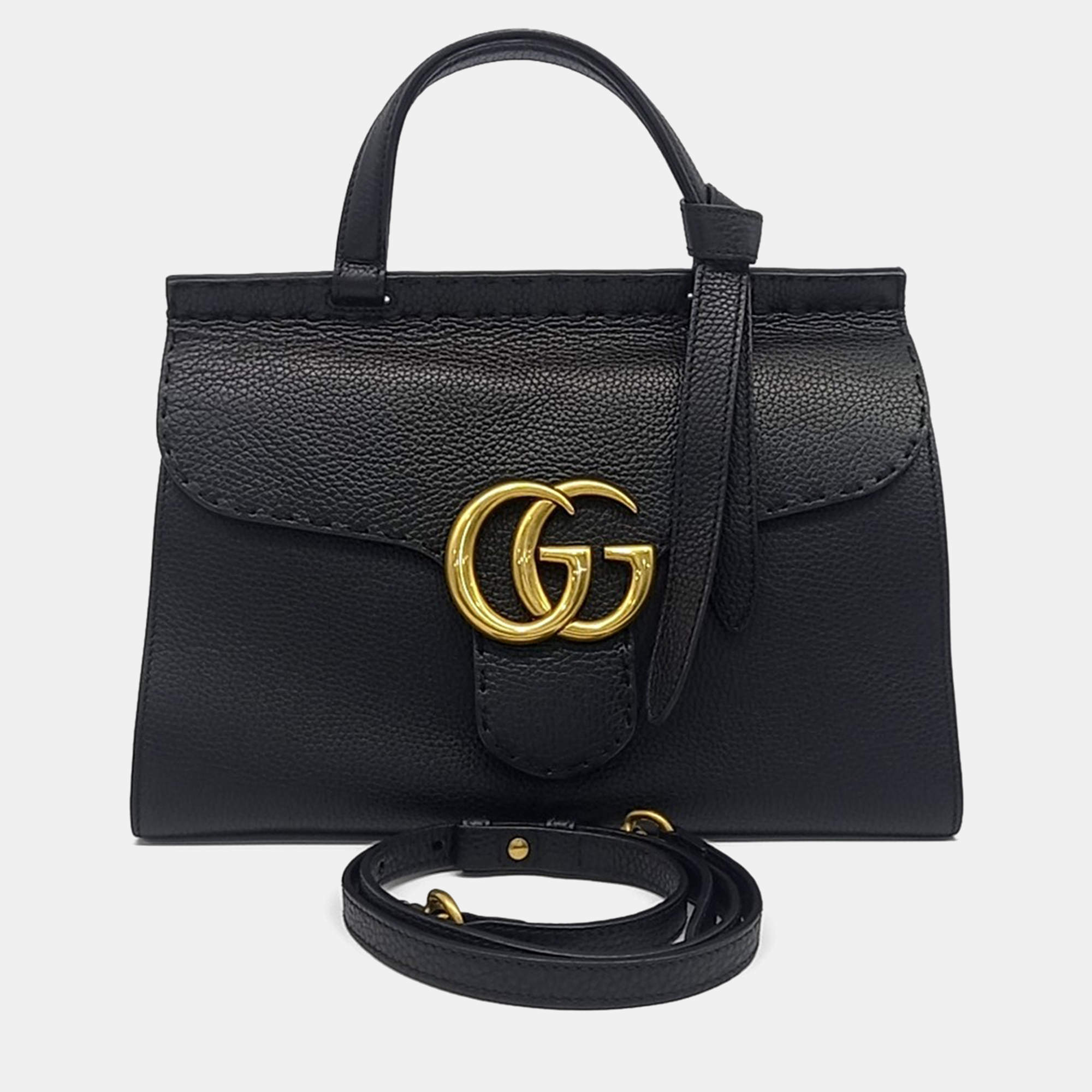 Pre Owned Gucci Black Leather GG Marmont Tote and Shoulder Bag