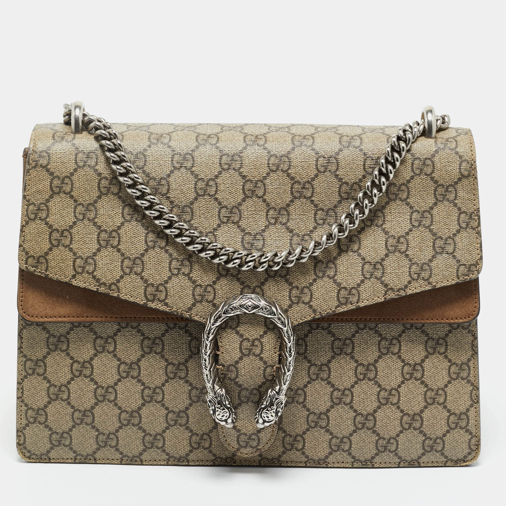 Pre Owned Gucci Beige/Ebony GG Supreme Canvas and Suede Medium Dionysus Shoulder Bag