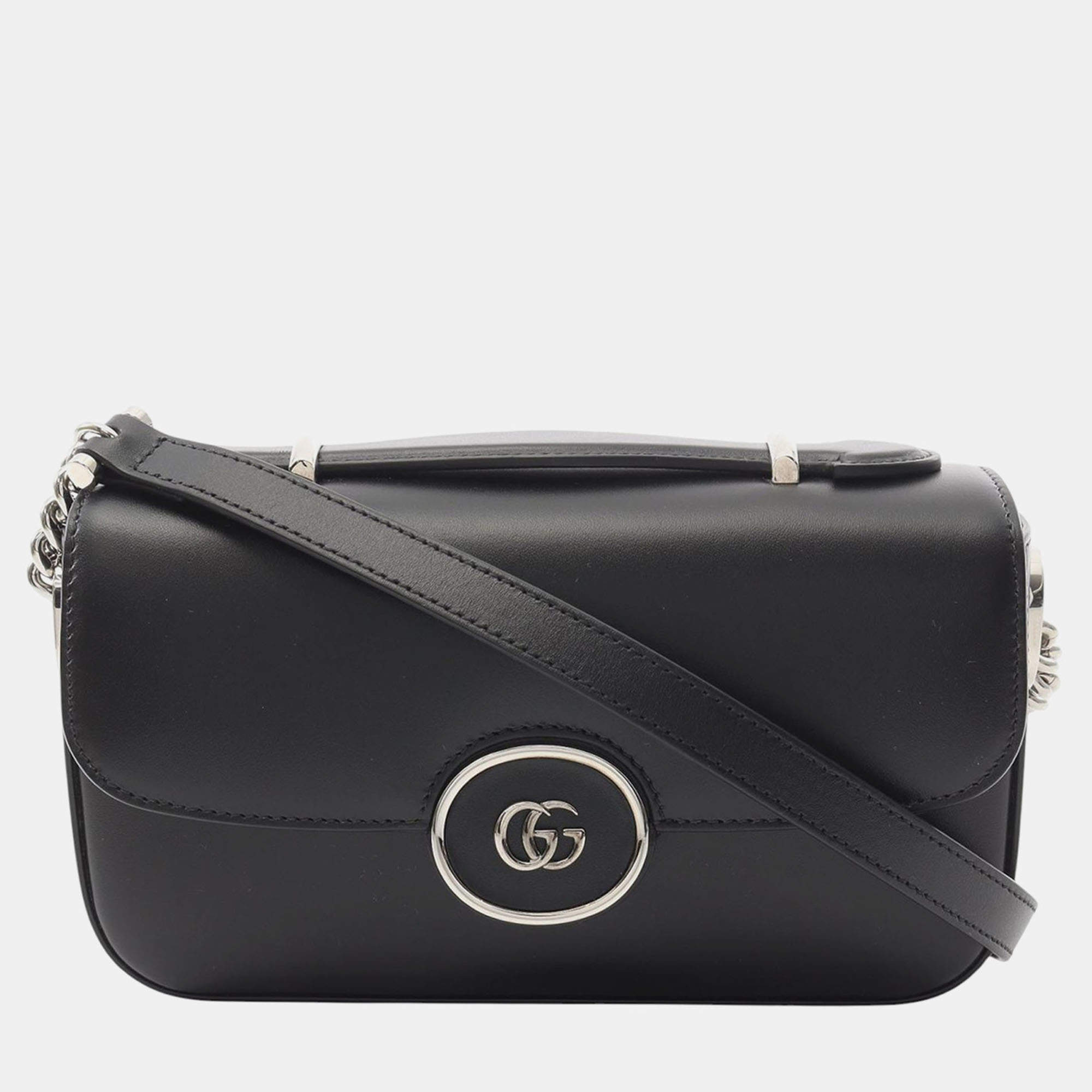 Pre Owned حقيبة غوتشي ساتشل غي جي جلد صغيرة سوداء